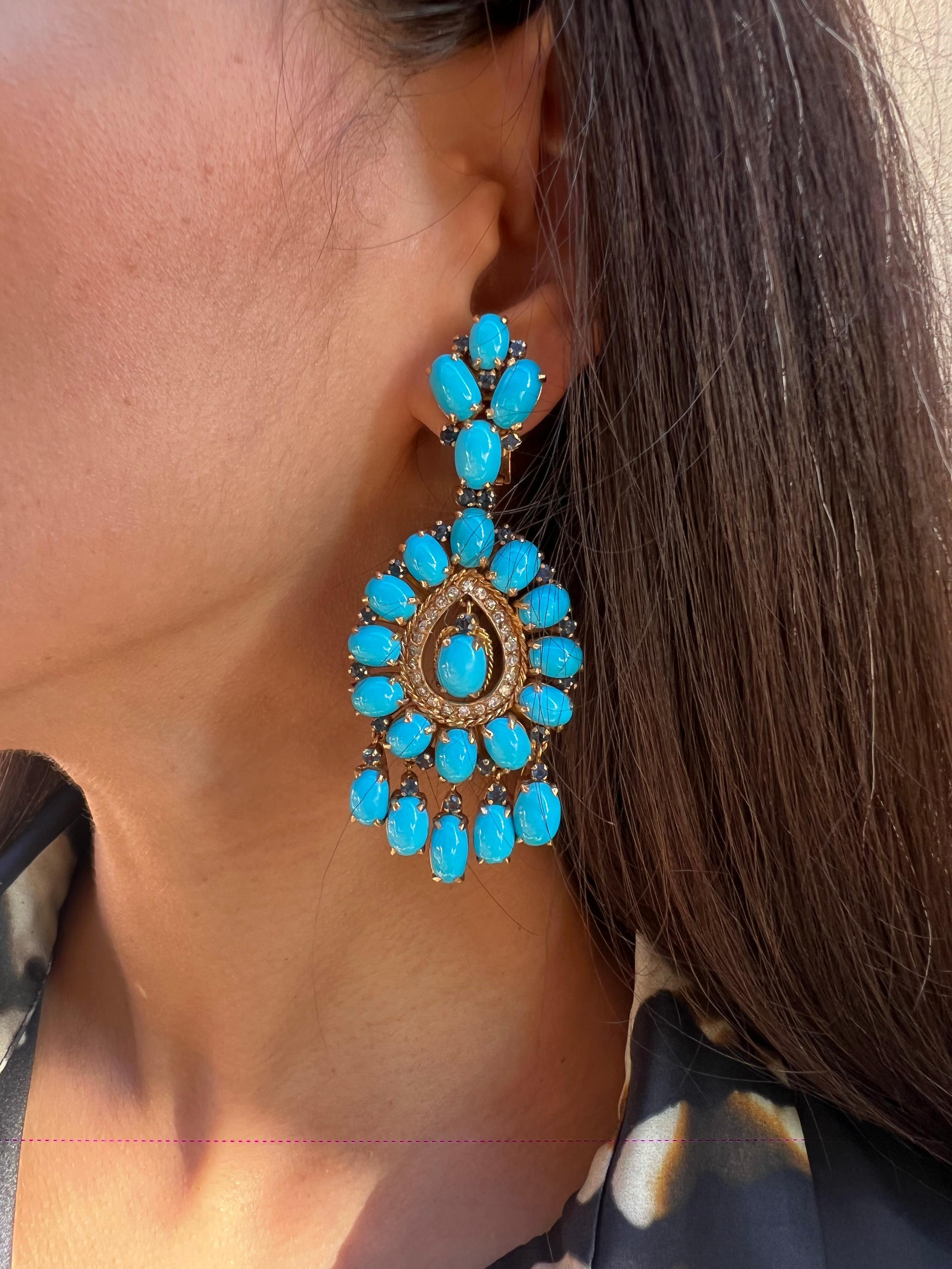 Important Turquoise and Diamond Earrings In Excellent Condition For Sale In Firenze, FI