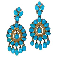 Vintage Important Turquoise and Diamond Earrings