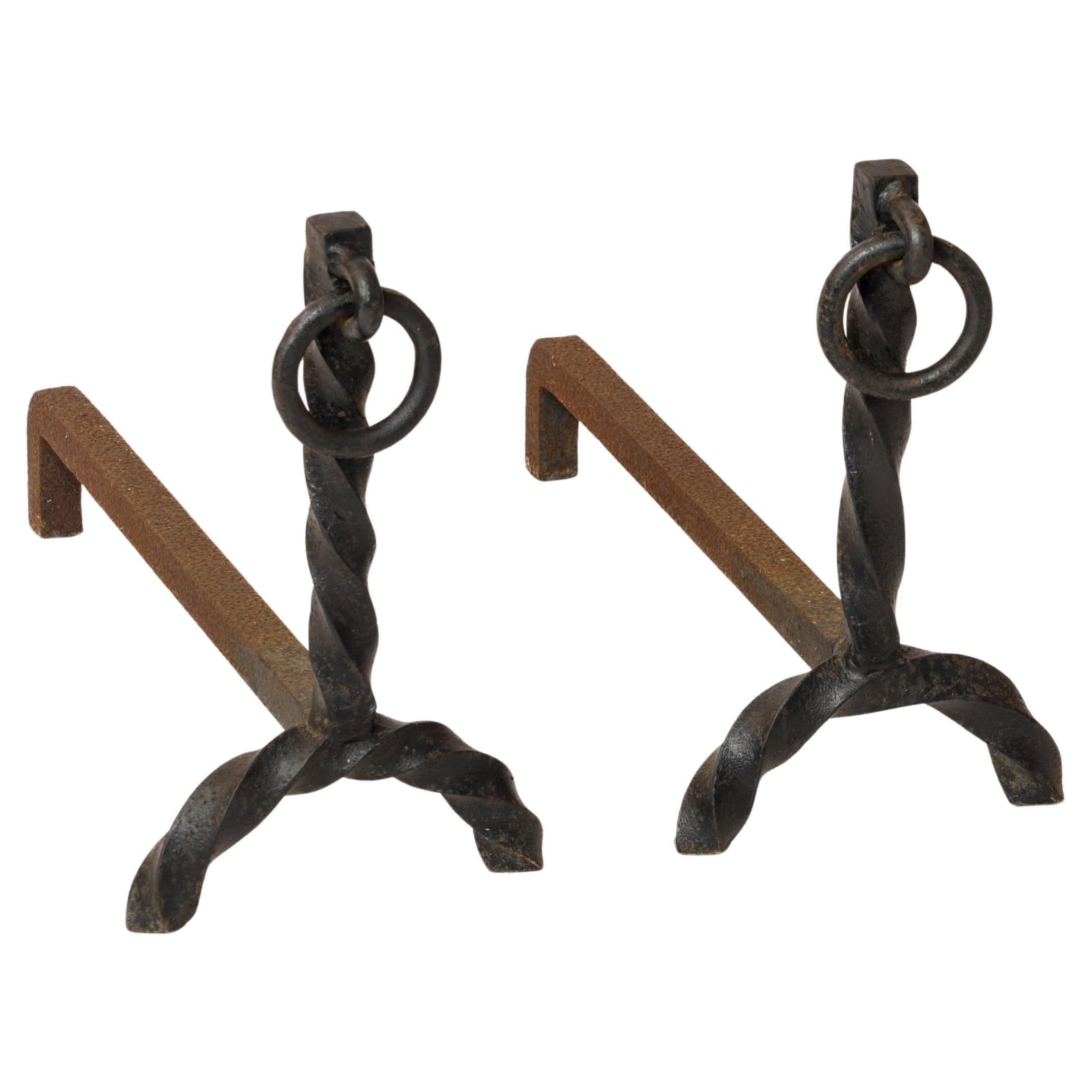 Important Twisted "Torsadé" Wrought Iron Andirons - France 1960s en venta