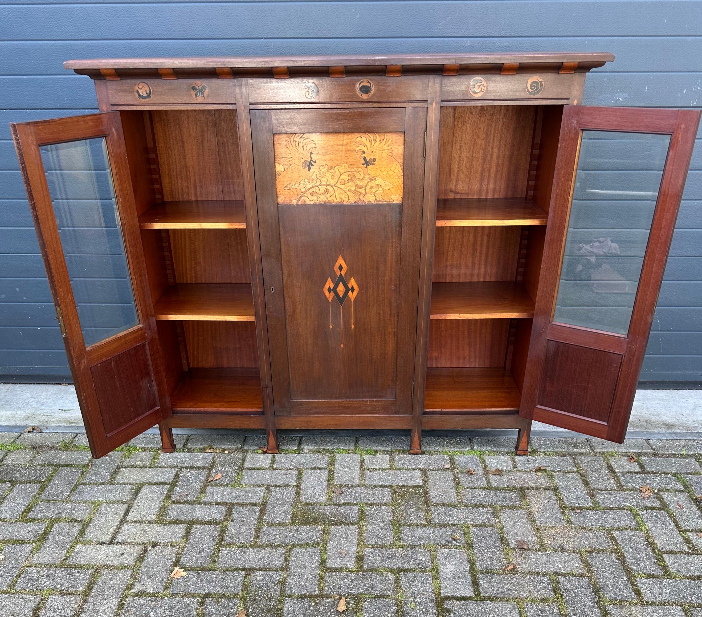 Inlay Important & Unique Arts & Crafts Bookcase Sideboard Cabinet by Napoleon Le Grand For Sale