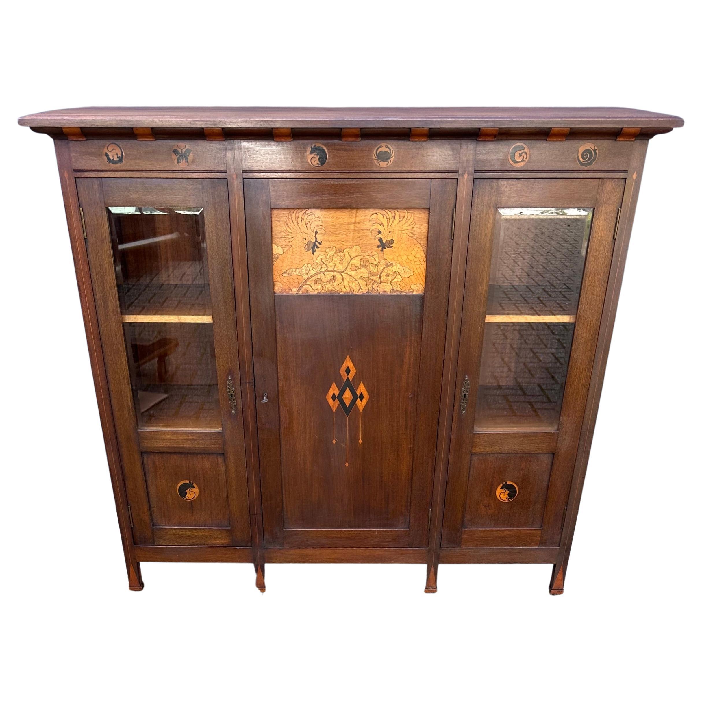 Important & Unique Arts & Crafts Bookcase Sideboard Cabinet by Napoleon Le Grand For Sale