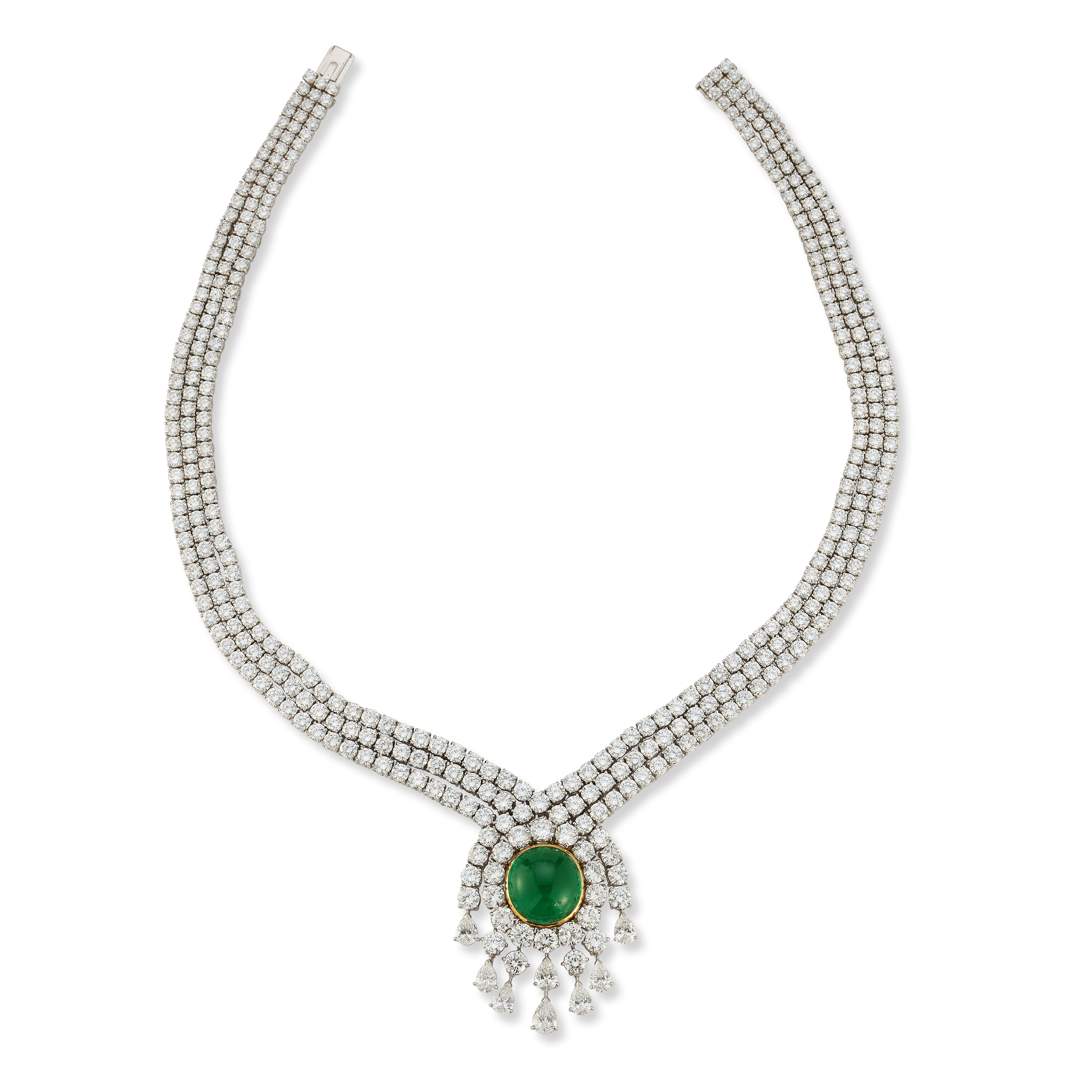 Van Cleef & Arpels Diamond & Emerald Necklace 

A platinum necklace set with 382 round cut diamonds, 8 pear shaped diamonds, and a Columbian cabochon emerald

Diamond Information
Approximate Total Weight: 65.0 carats
Approximate Color Grade: F to