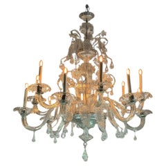 Important Venetian Chandelier In Colorless Murano Glass, 12 Arms of light