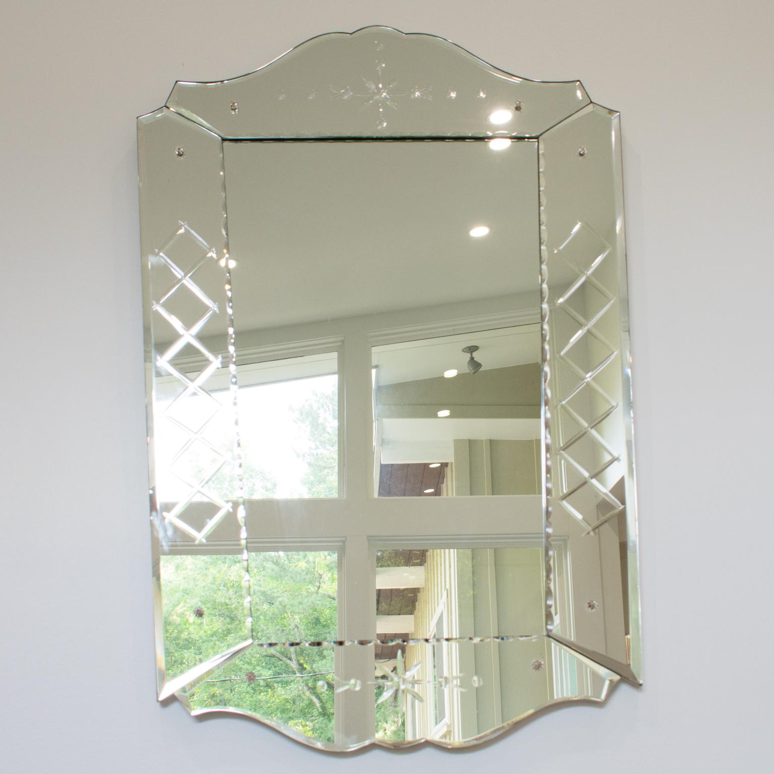 Important Venetian Wall Mirror, France 1940s In Good Condition For Sale In Atlanta, GA