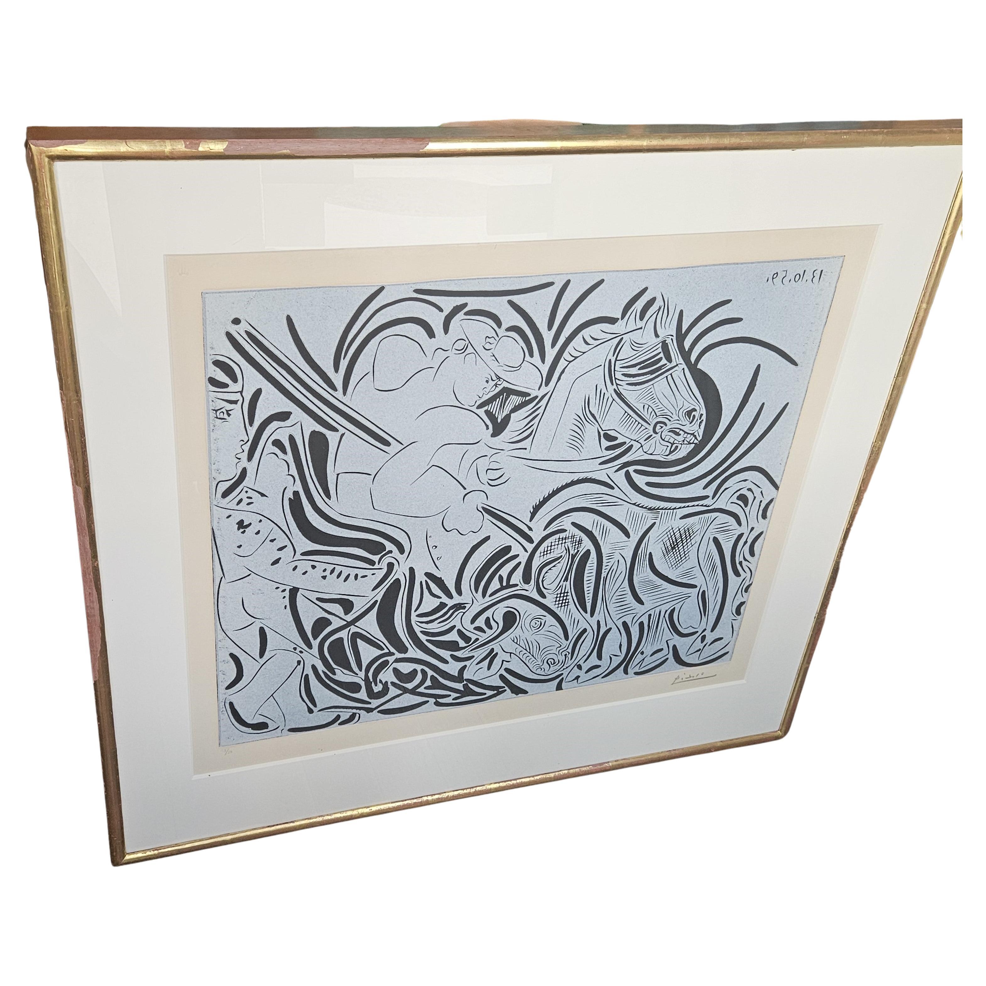 Important Very Rare Original Pablo Picasso Framed Linocut Etching  For Sale