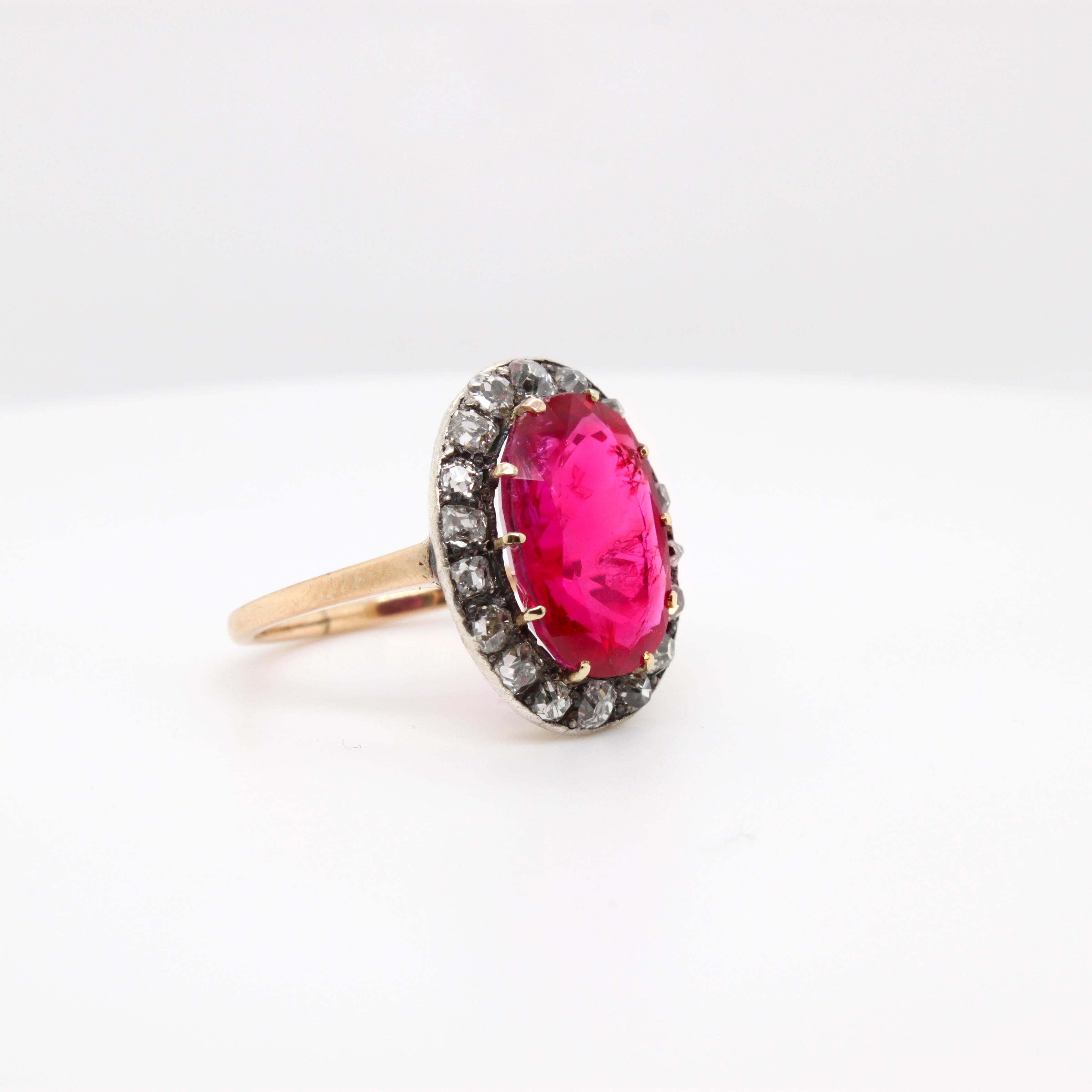 Important Victorian Natural Burmese Ruby and Diamond ring, ca. 1890s

The ring centres a spectacular natural unheated Burma Ruby of 6.38ct (SSEF certified), surrounded by a cluster of old-mine cut diamonds.
The ruby shows a beautiful intense crimson
