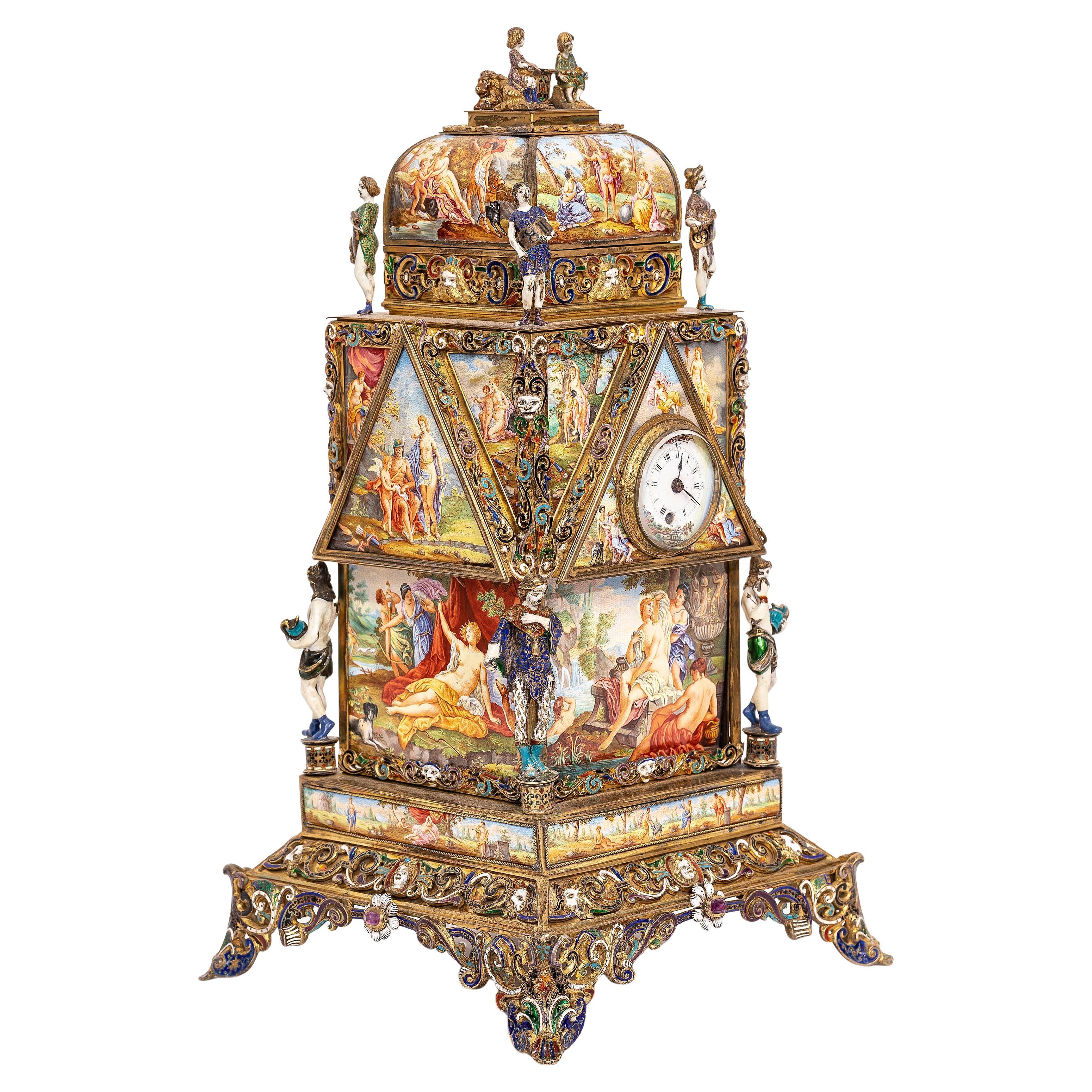 Important Viennese Silver and Enamel Figural Clock, Signed Karl Böhm For Sale