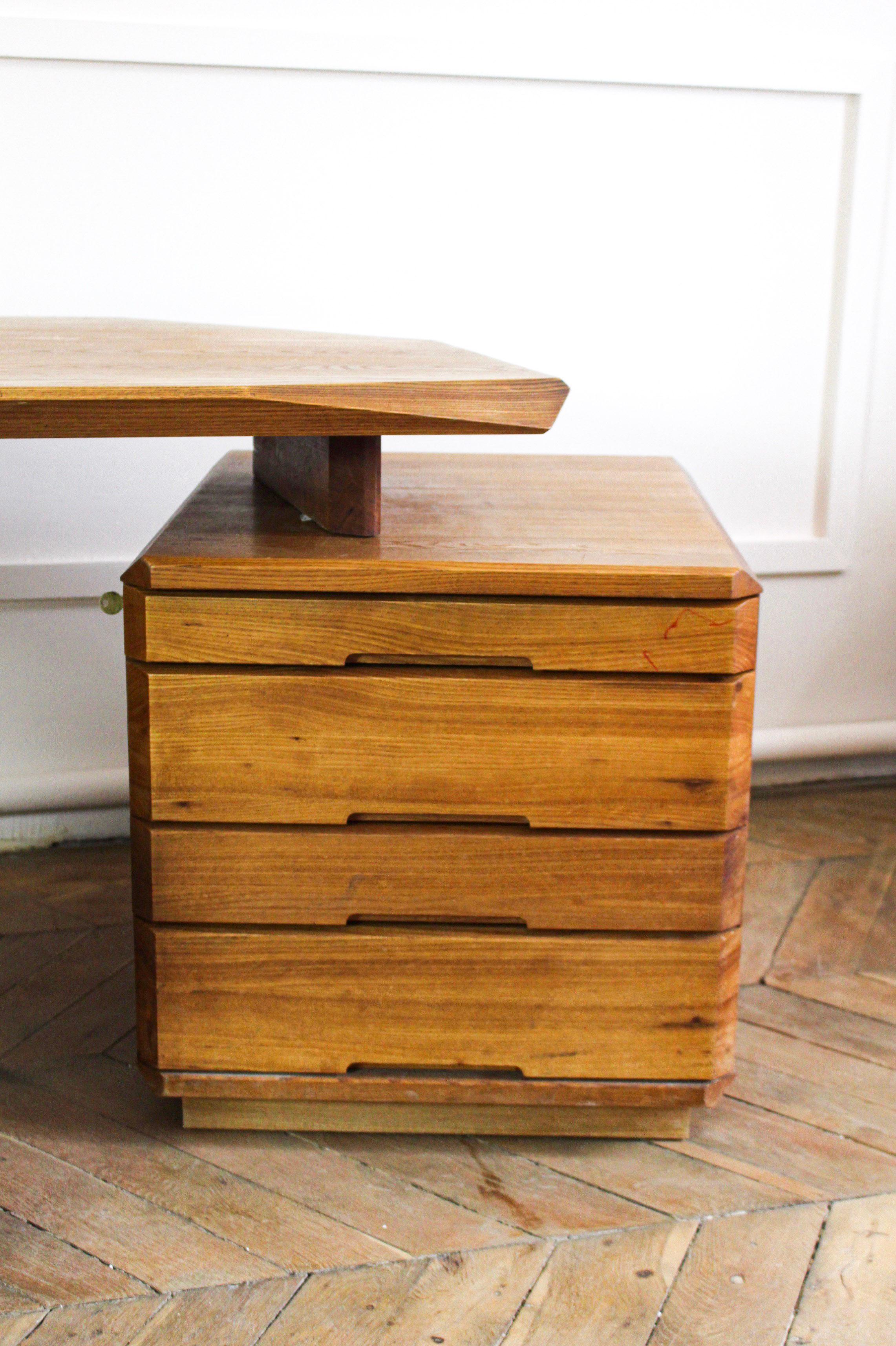 French Important Vintage Pierre Chapo Desk, Model B40, in Solid Elm, 1980 For Sale