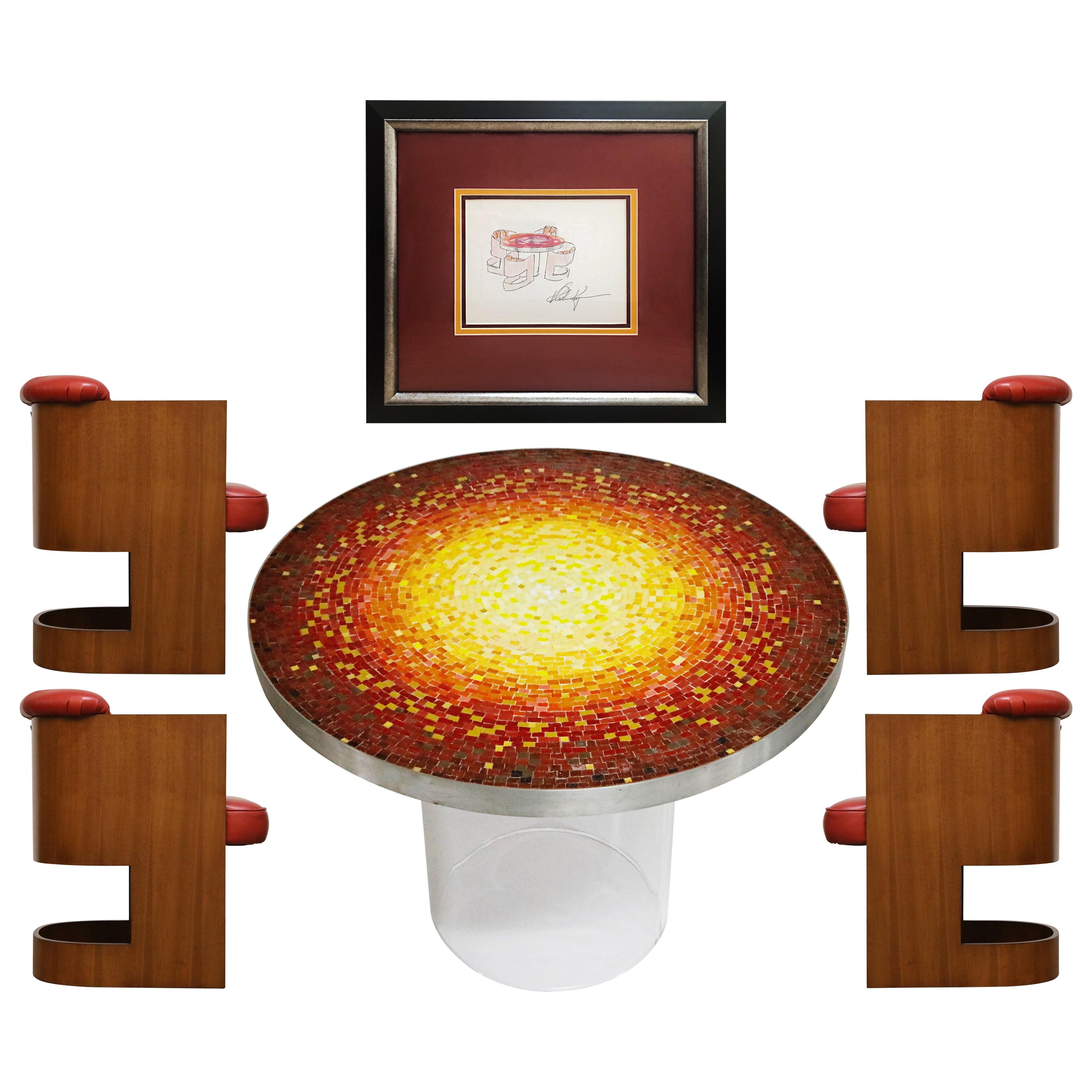 Important Vladimir Kagan Documented Mosaic Dining Set with Signed Sketch