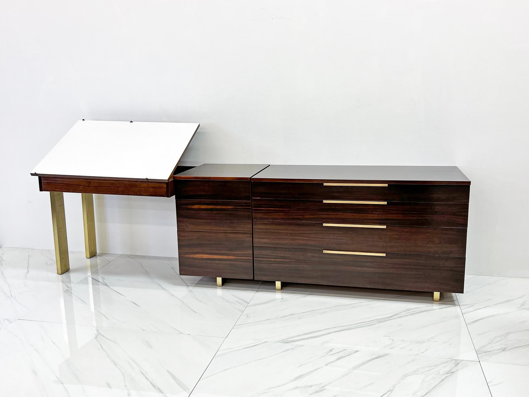 Important Vladimir Kagan Rosewood Brass Dresser, Desk Unit, 1950s In Good Condition For Sale In Culver City, CA