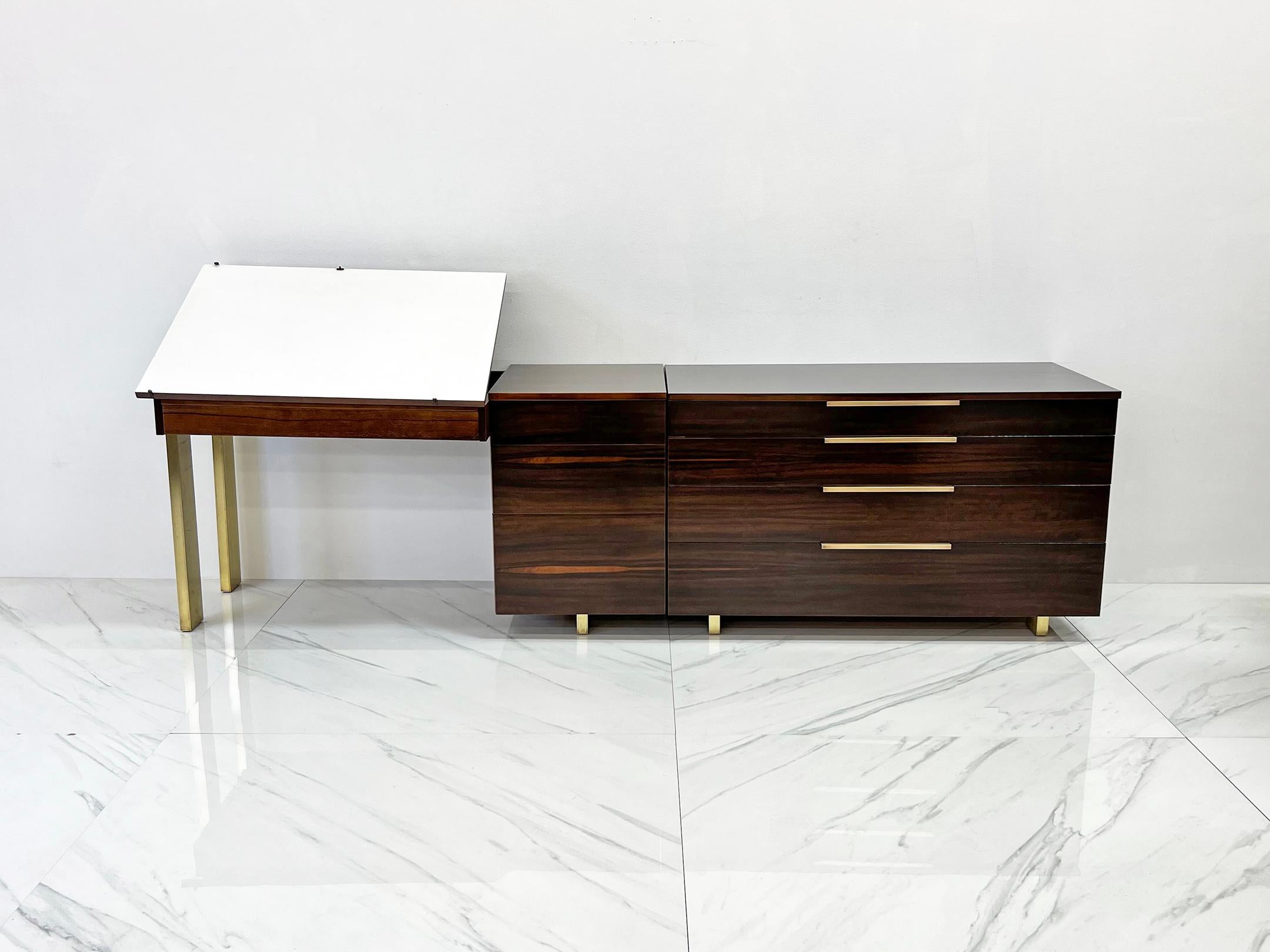 Mid-20th Century Important Vladimir Kagan Rosewood Brass Dresser, Desk Unit, 1950s For Sale