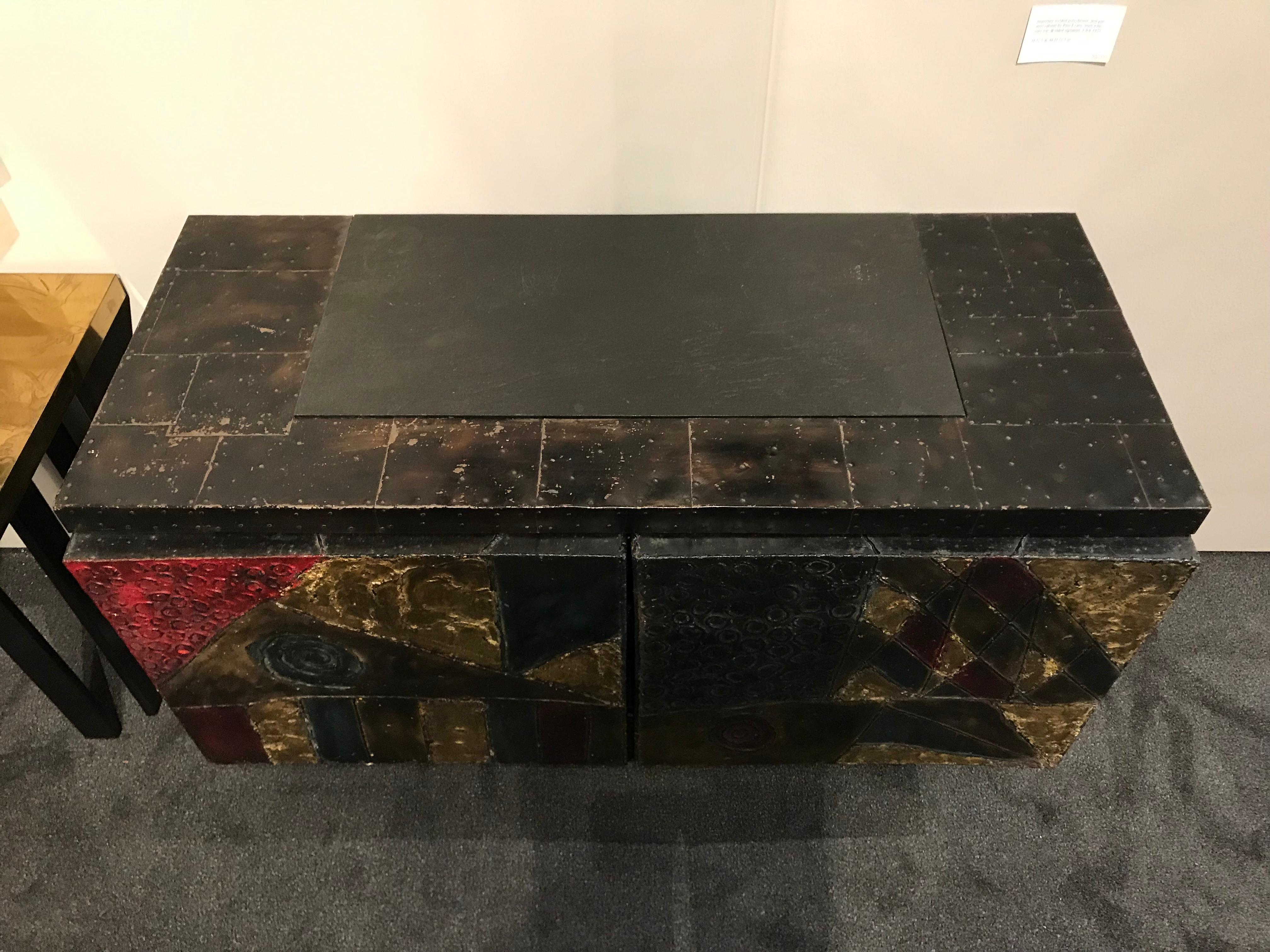 Brutalist Important Welded Polychrome and Gilt Steel Cabinet by Paul Evans For Sale