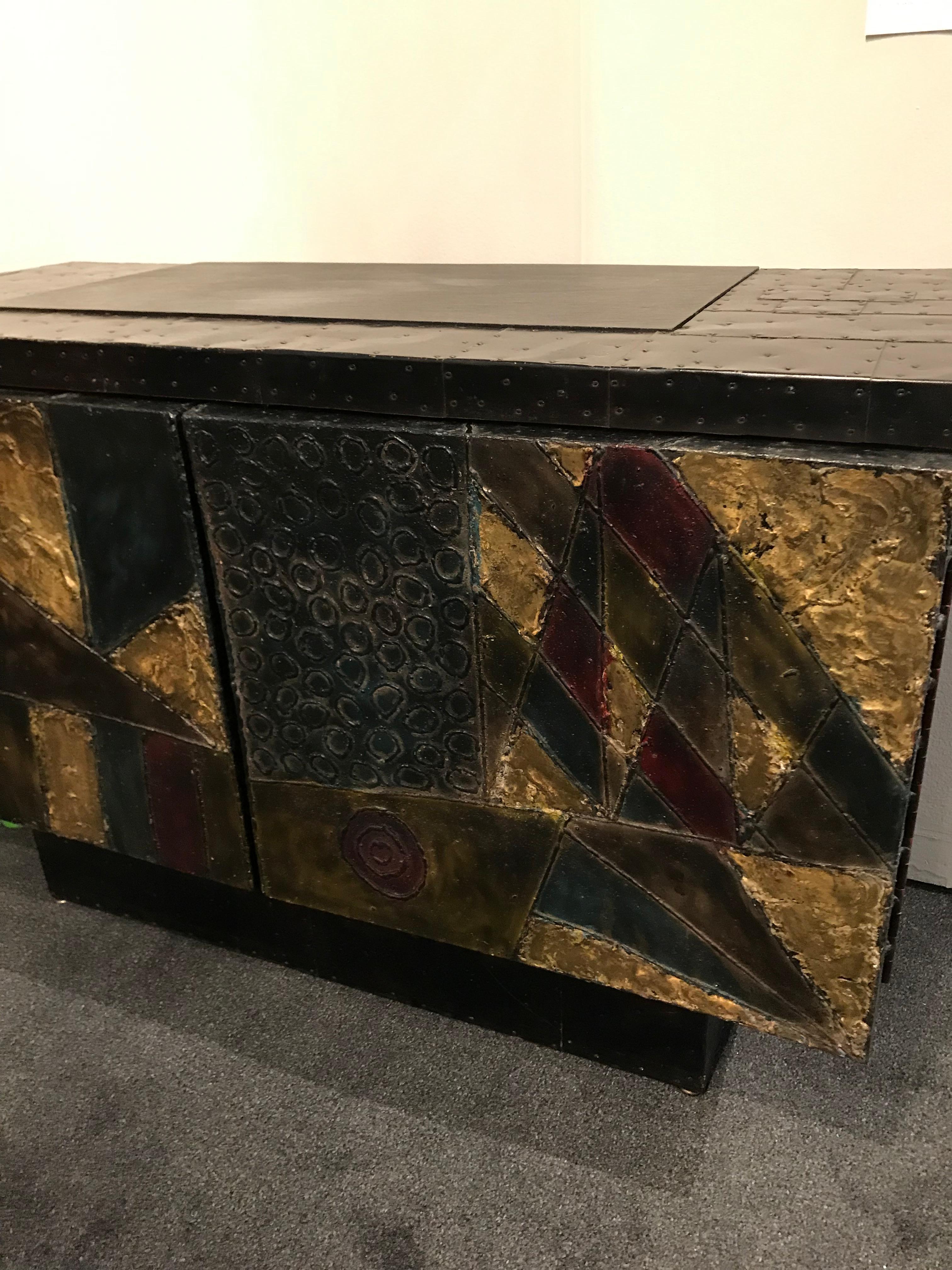 Late 20th Century Important Welded Polychrome and Gilt Steel Cabinet by Paul Evans For Sale
