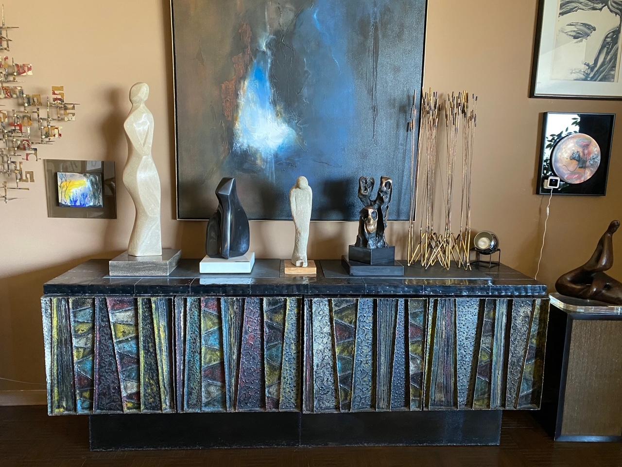 Important Welded Steel Deep Relief Sculpted Credenza by Paul Evans For Sale 1