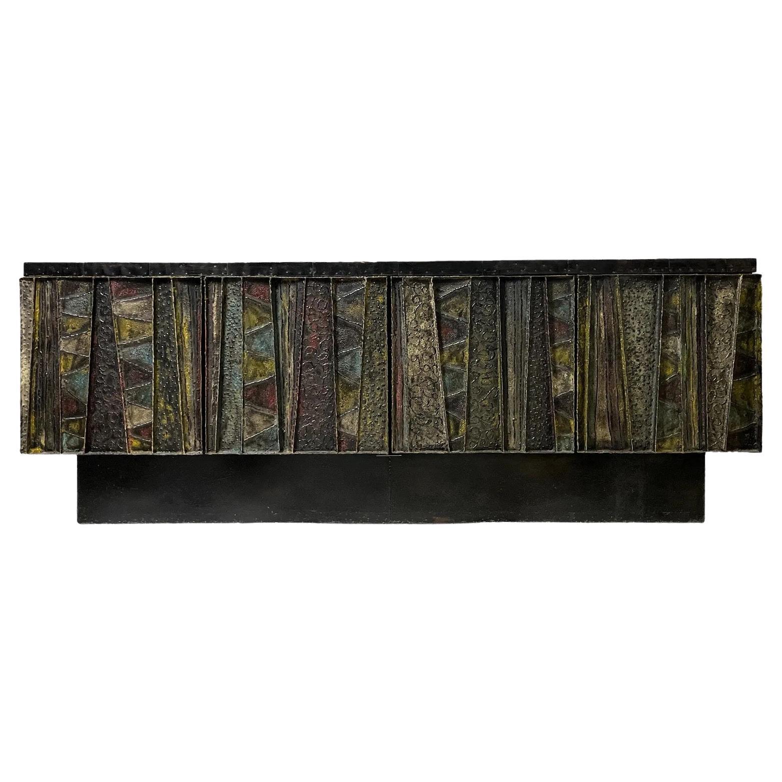 Important Welded Steel Deep Relief Sculpted Credenza by Paul Evans