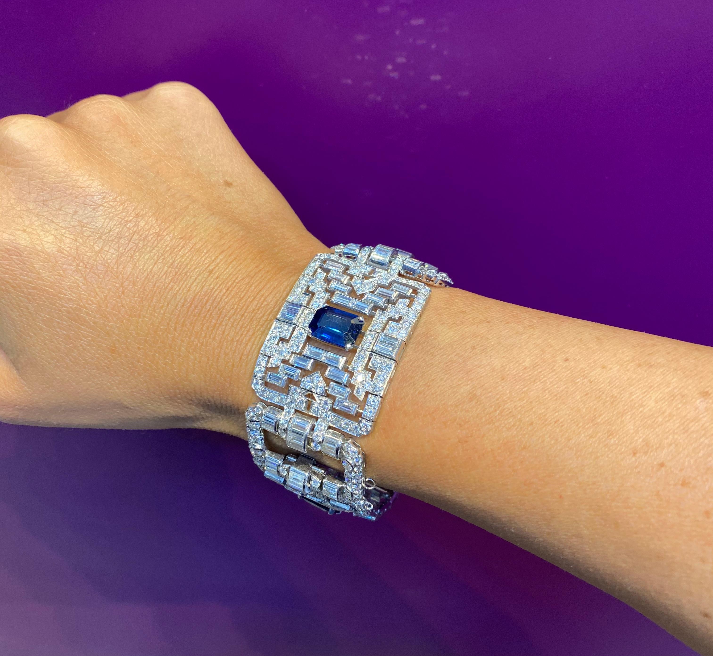 Important Wide Art Deco Diamond and Sapphire Bracelet For Sale 2