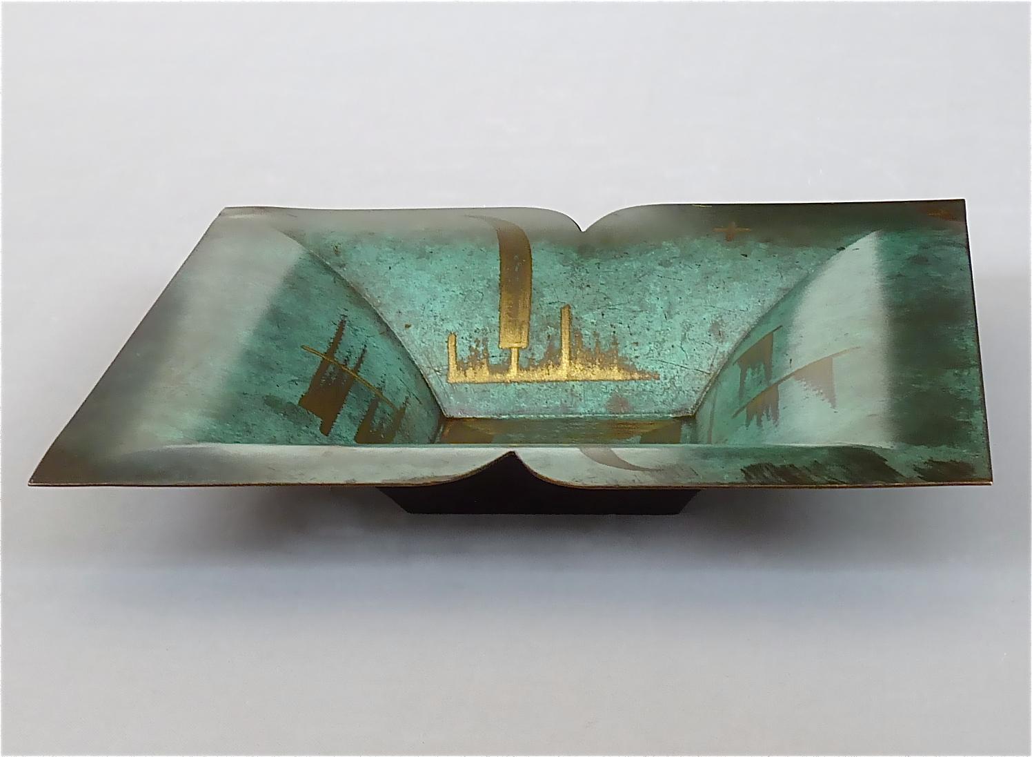 Important WMF Ikora Square Green Brass Bowl Paul Haustein Art Deco Bauhaus 1930s In Good Condition In Nierstein am Rhein, DE