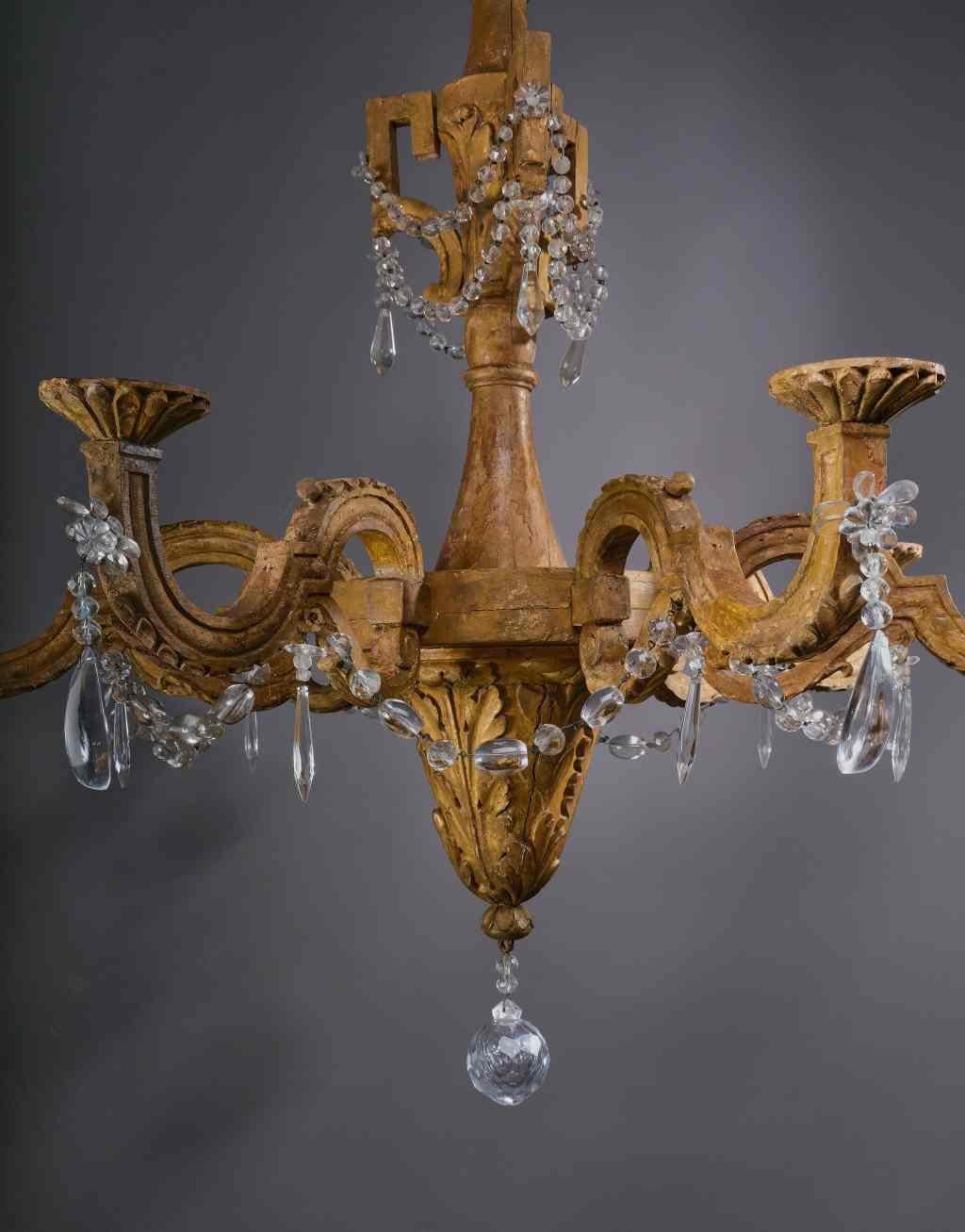 Round baluster shaft decorated with acanthus leaves. Six curved arms decorated with crystal hangings. High fusee with three bars decorated with crystal. Central Italy about 1800. Extremely pure and minimalistic chandelier. The chandelier can be