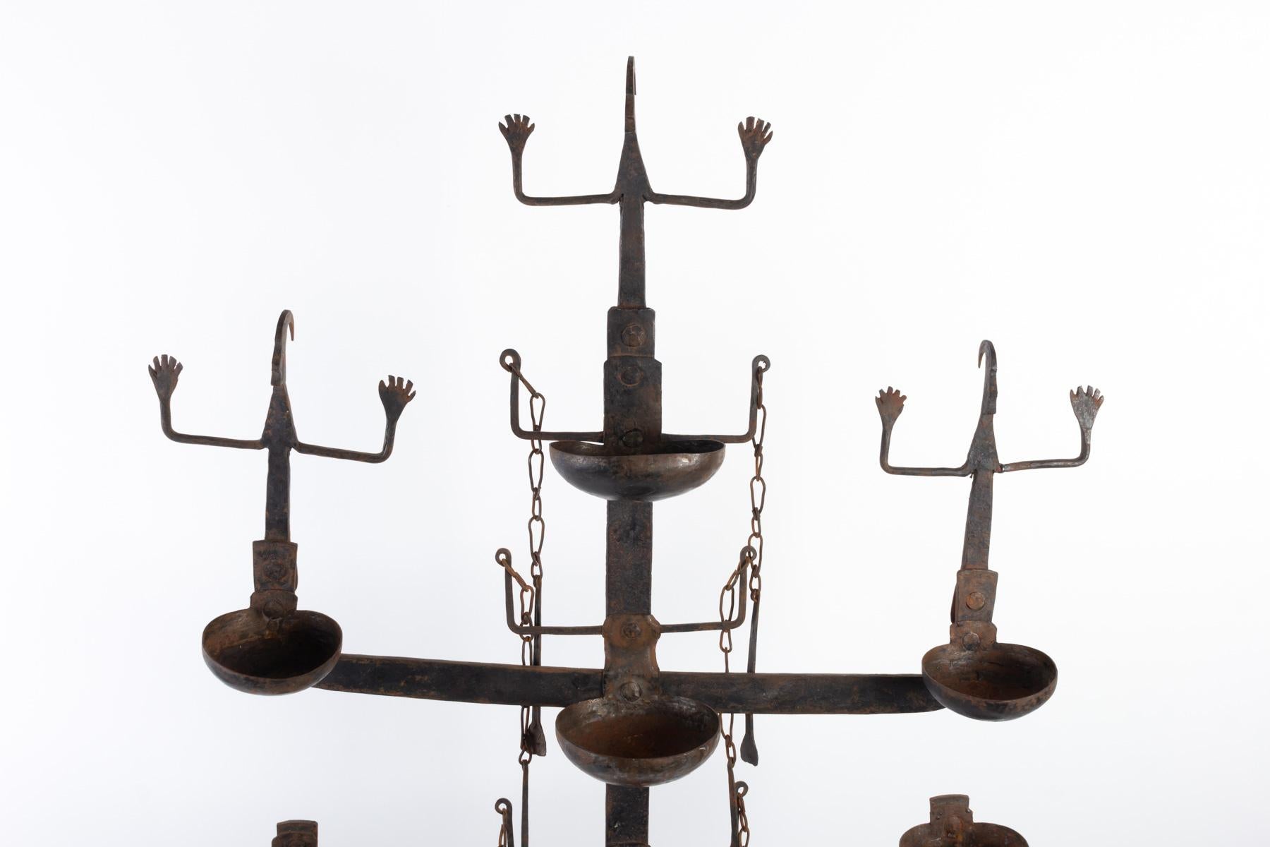 Important Wrought Iron Candleholder, 1950, 7-Light, Representing 3 Ethnic In Good Condition In Saint-Ouen, FR