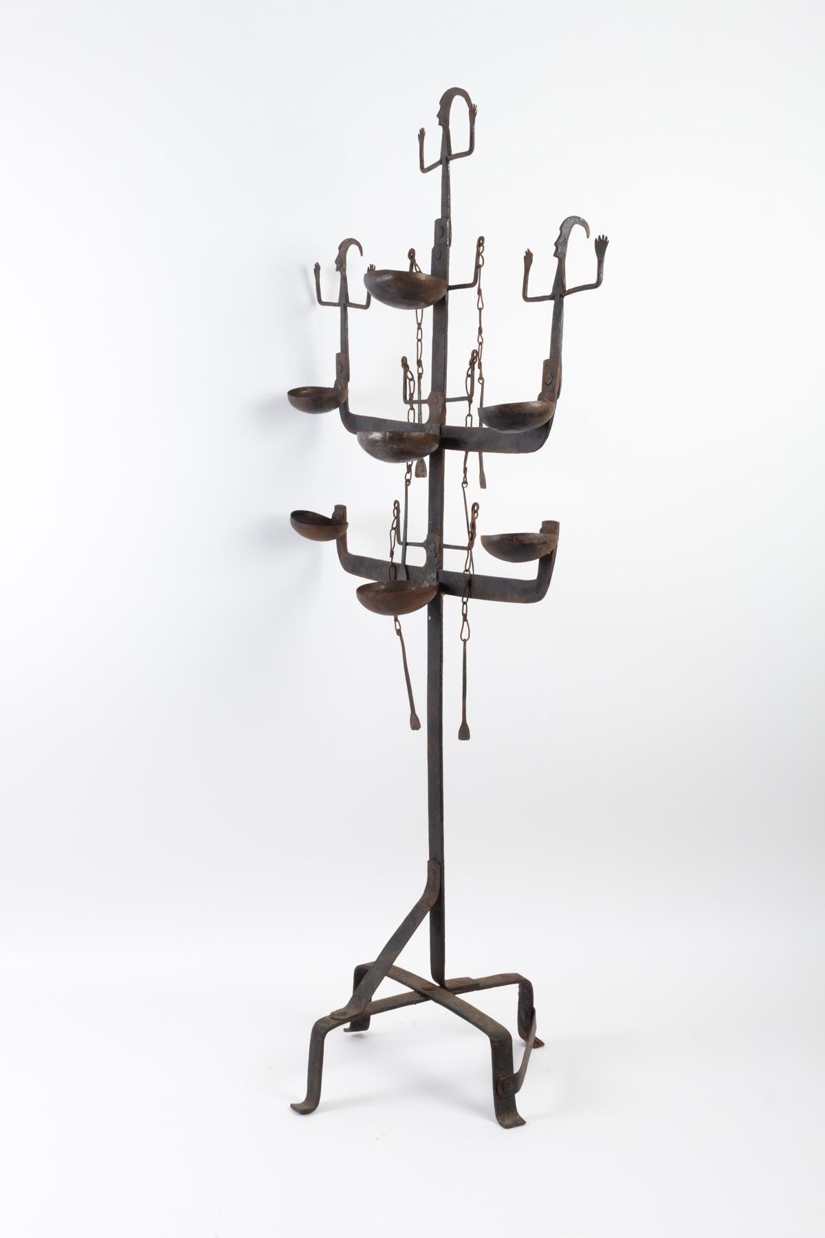 Mid-20th Century Important Wrought Iron Candleholder, 1950, 7-Light, Representing 3 Ethnic