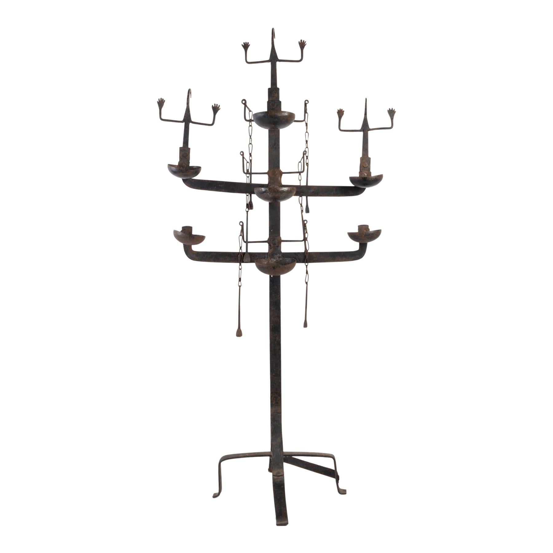 Important Wrought Iron Candleholder, 1950, 7-Light, Representing 3 Ethnic