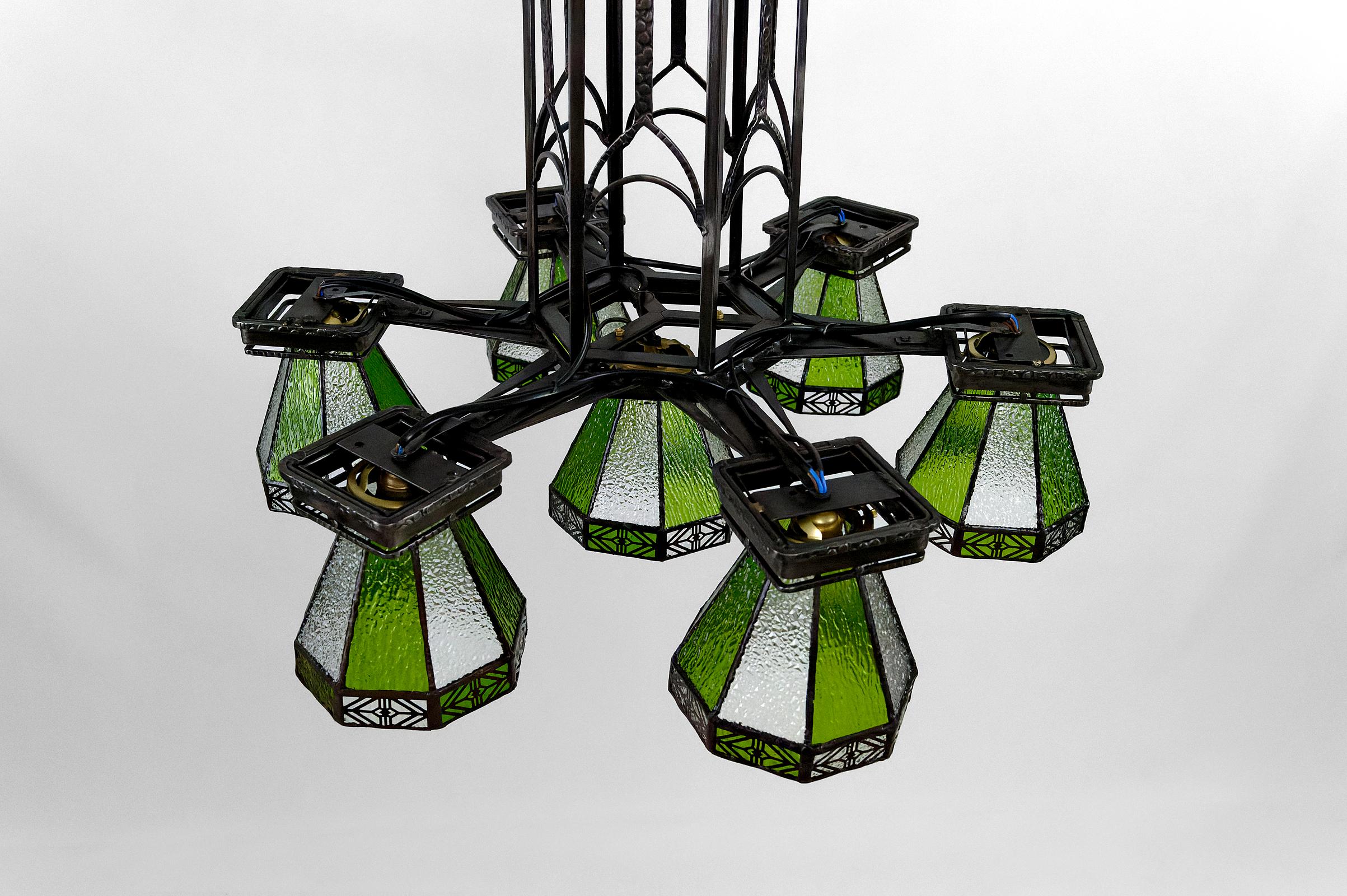 Important wrought iron chandelier, Gothic Art Deco , France, Circa 1920 For Sale 4