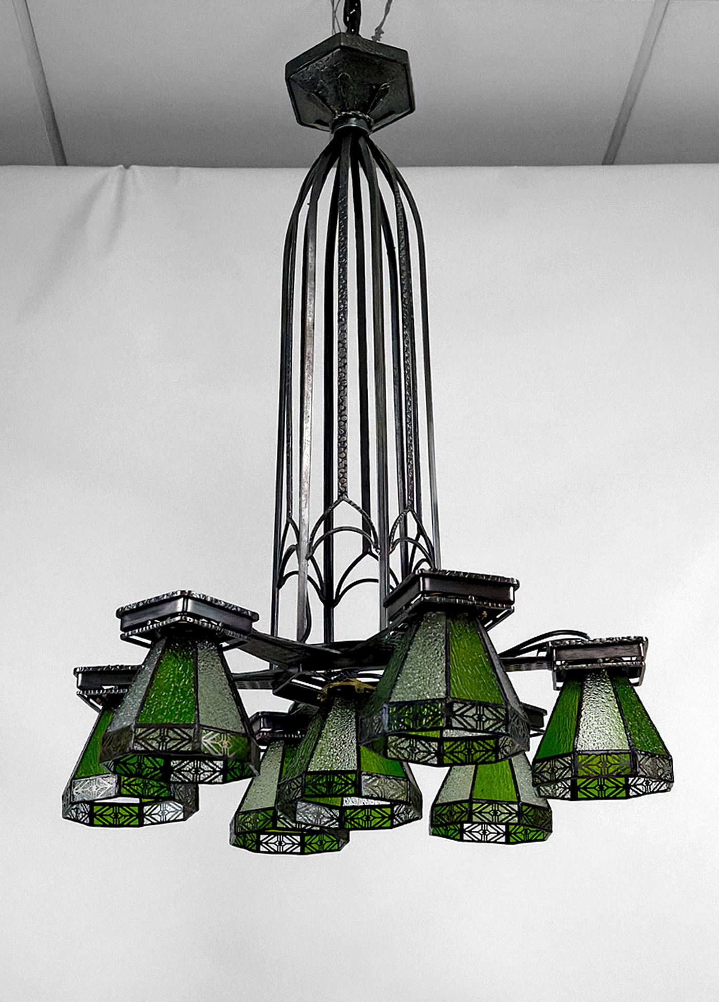 French Important wrought iron chandelier, Gothic Art Deco , France, Circa 1920 For Sale
