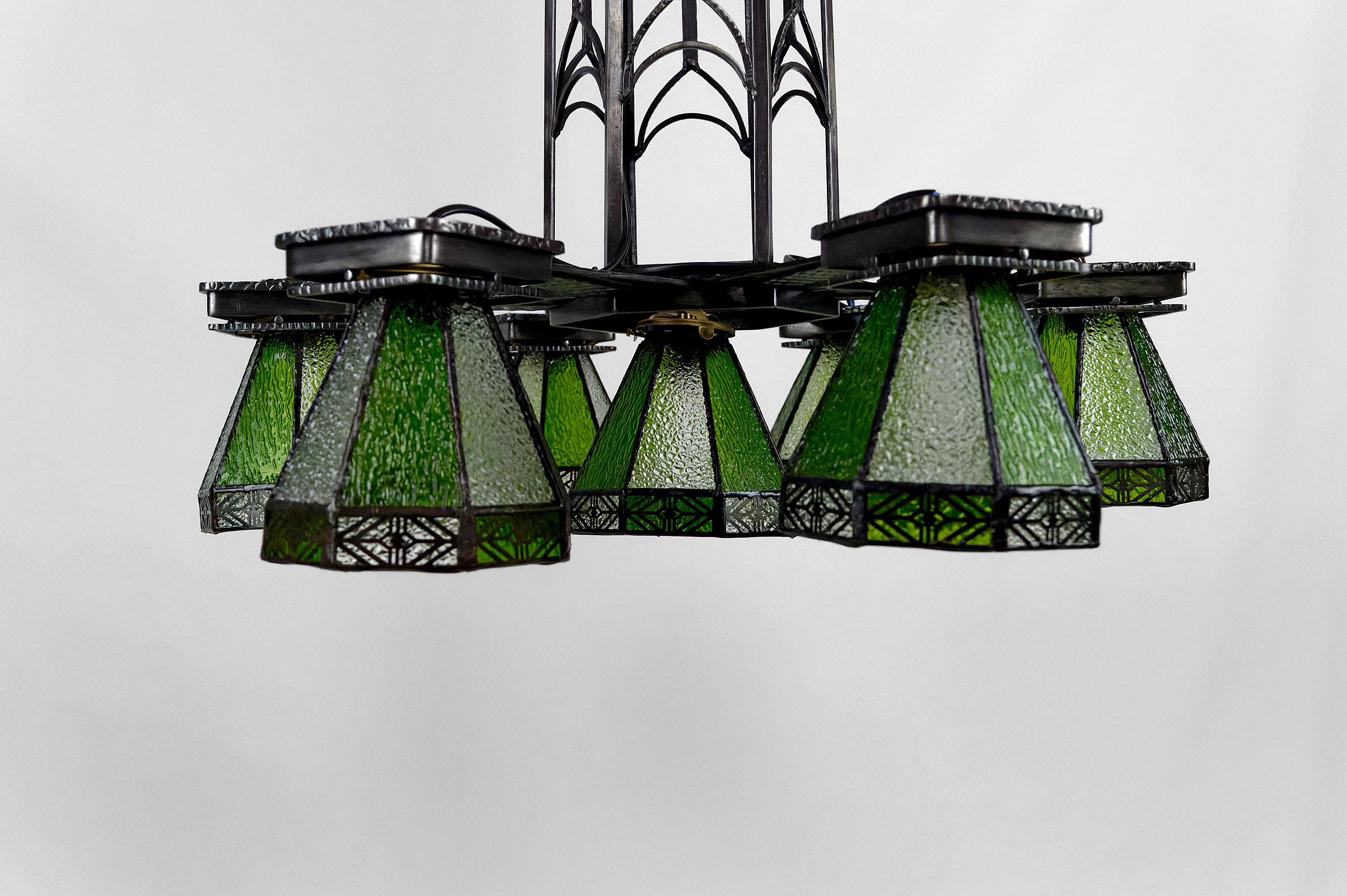 Stained Glass Important wrought iron chandelier, Gothic Art Deco , France, Circa 1920 For Sale