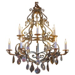 Antique Important Wrought Iron Chandelier, in Green and Golden Part, 19th Century