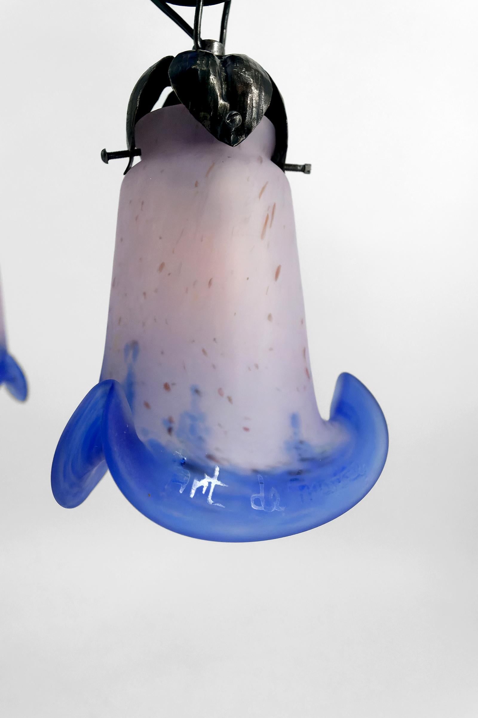 Important Wrought Iron Chandelier with Blue Blown Glass, Art Deco, France For Sale 3