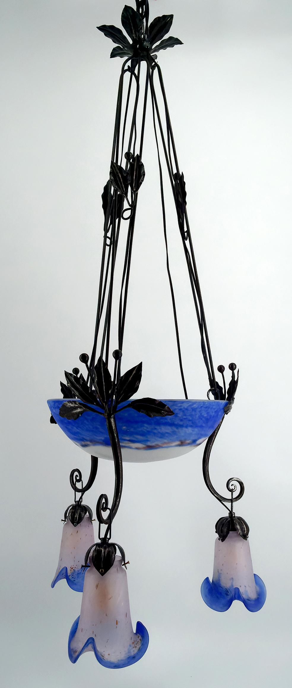 French Important Wrought Iron Chandelier with Blue Blown Glass, Art Deco, France For Sale