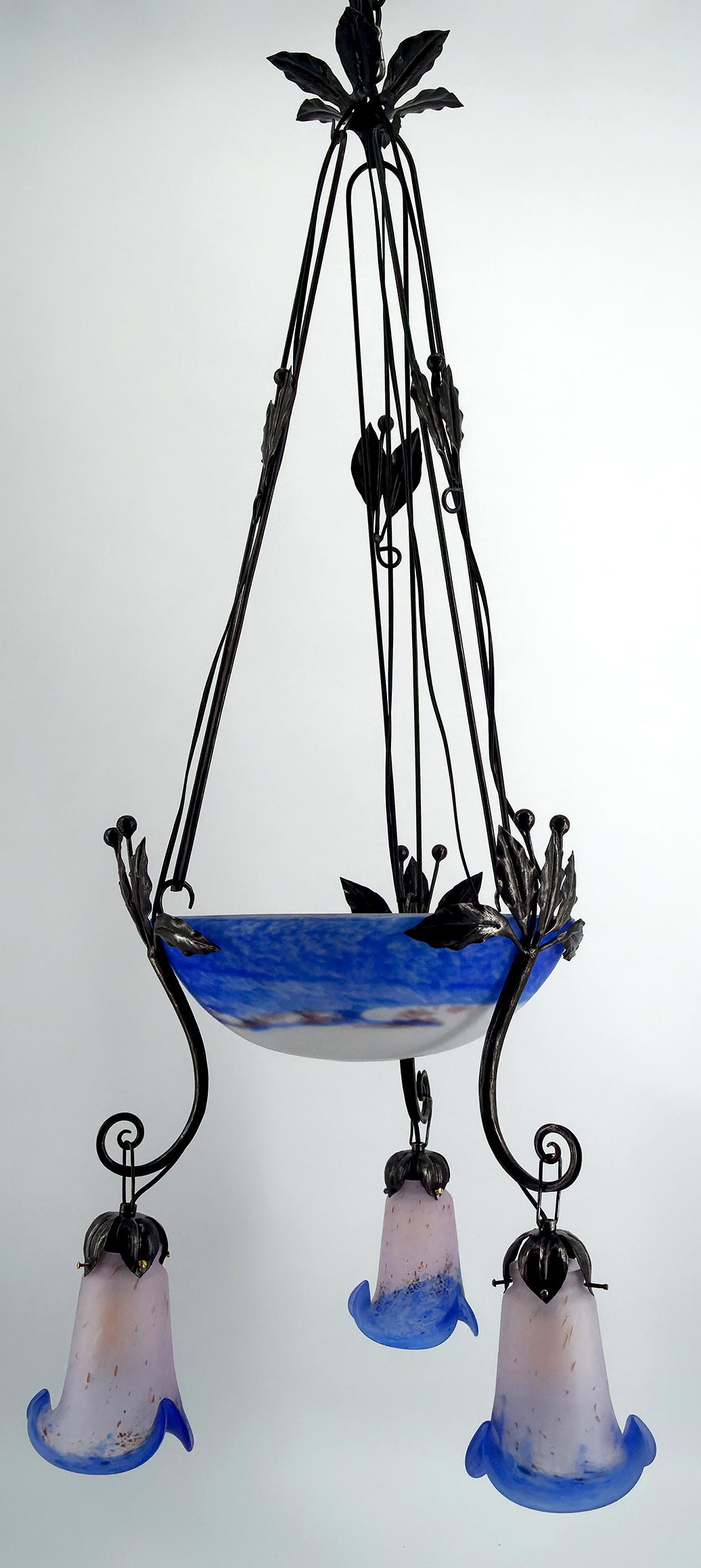 Carved Important Wrought Iron Chandelier with Blue Blown Glass, Art Deco, France For Sale