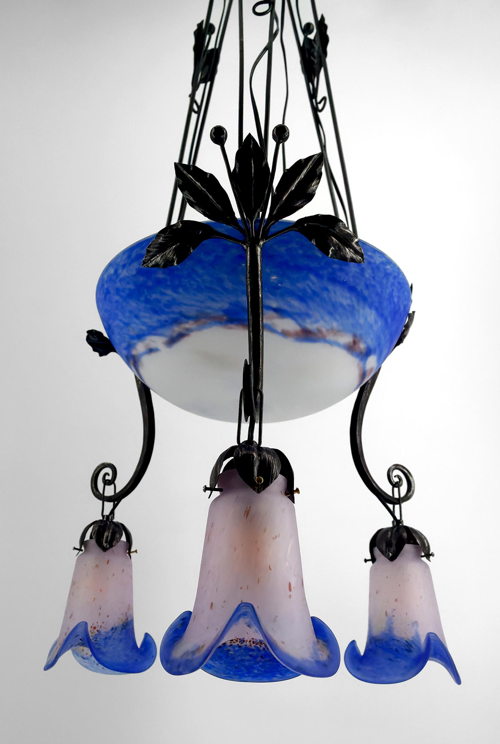 20th Century Important Wrought Iron Chandelier with Blue Blown Glass, Art Deco, France For Sale