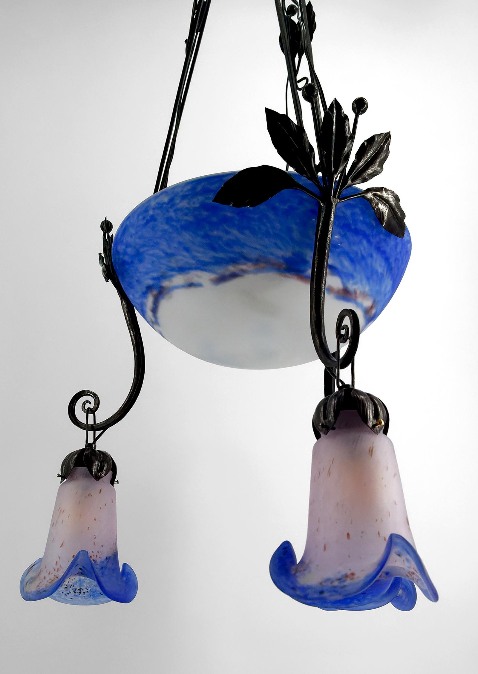 Metal Important Wrought Iron Chandelier with Blue Blown Glass, Art Deco, France For Sale