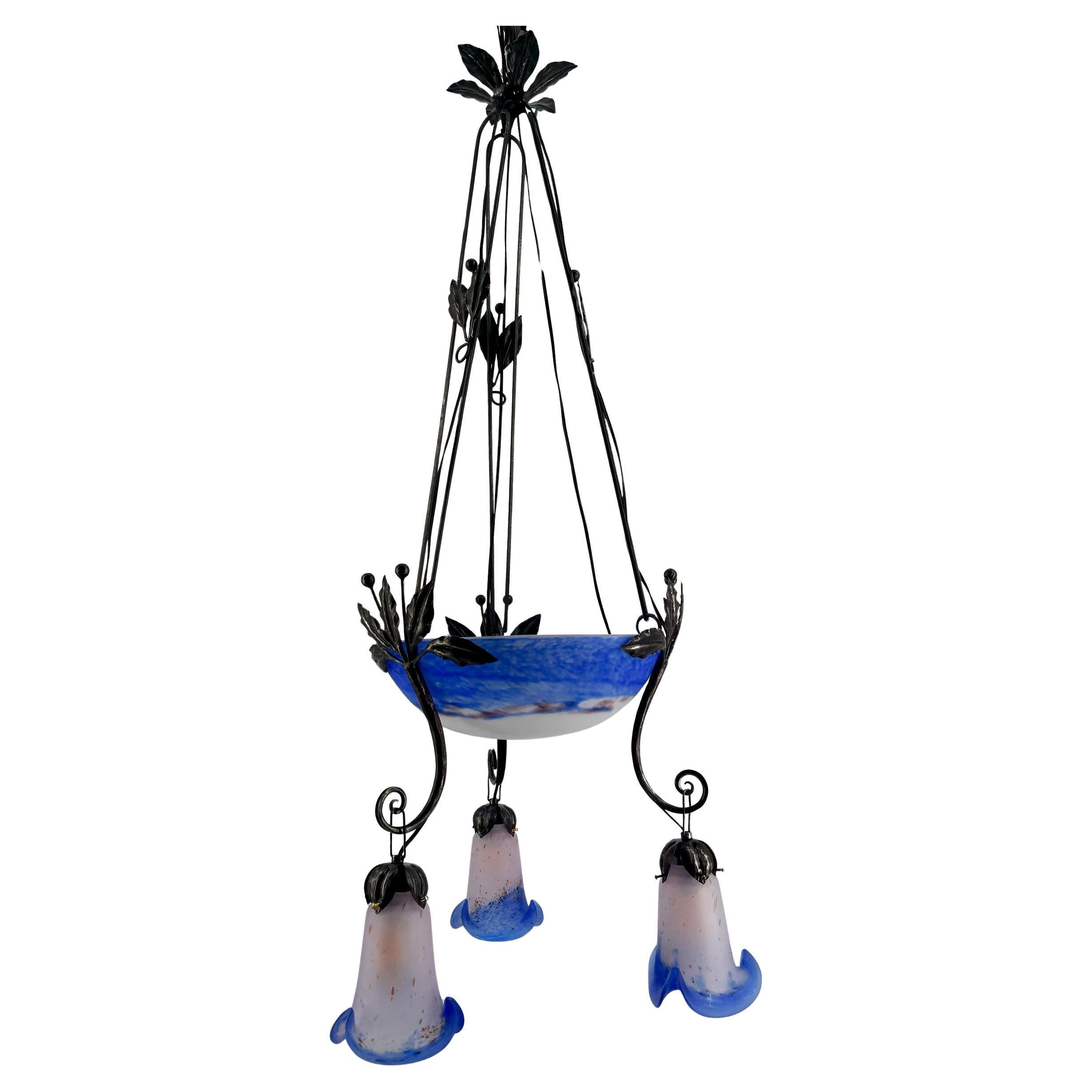 Important Wrought Iron Chandelier with Blue Blown Glass, Art Deco, France