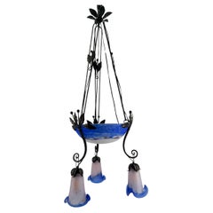 Important Wrought Iron Chandelier with Blue Blown Glass, Art Deco, France