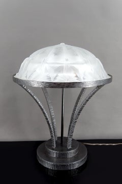 Important Wrought Iron Lamp with Star-Patterned Glass Dome, Modernist Art Deco