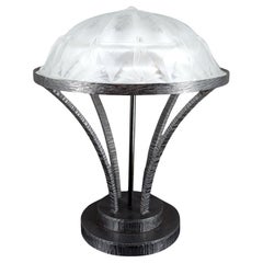 Important Wrought Iron Lamp with Star-Patterned Glass Dome, Modernist Art Deco