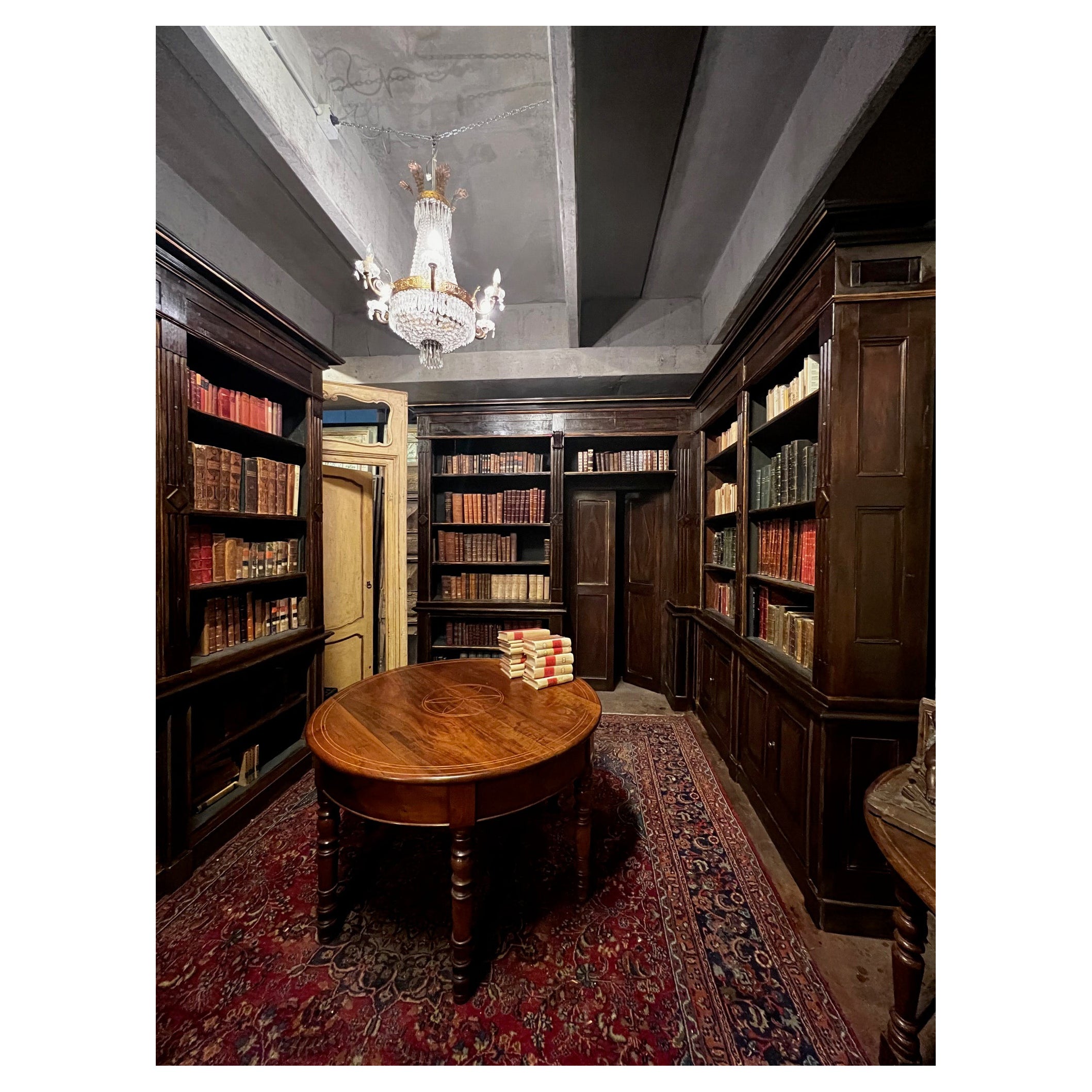 Important study library, solid walnut wood, italy