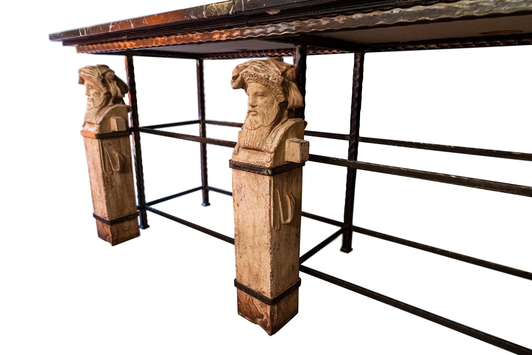 Important console,
Iron, marble and terracotta,
Caryatid terracotta stands in the style of the Antique from the Bardo Museum,
France, circa 1970.

Provenance: Hotel Ellington, Nice.

Measures: Width 290 cm, height 87 cm, depth 70 cm.