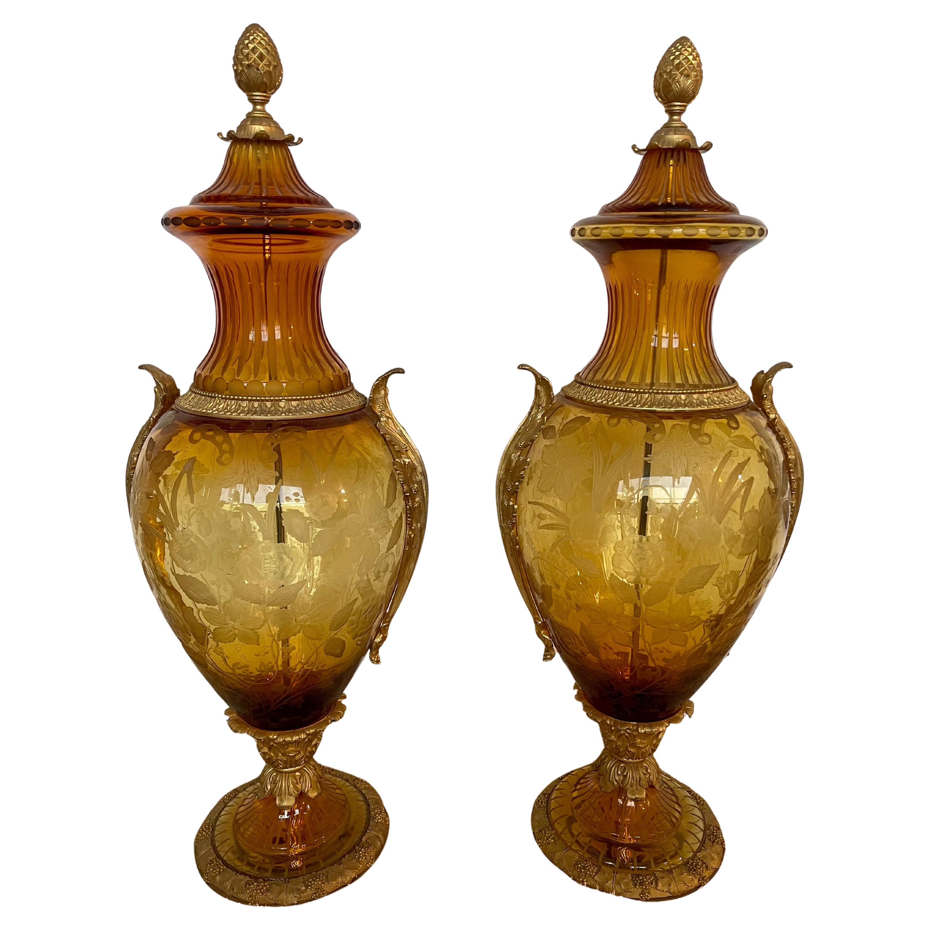 Importante coppia di anfore in bronzo e cristallo di lusso in oro 24klt di DR in vendita