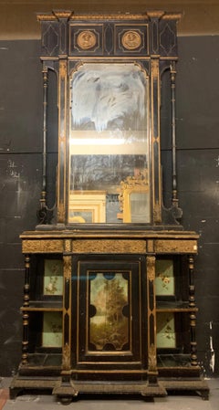 Important cabinet with mirror, black lacquered with gold decorations, italy