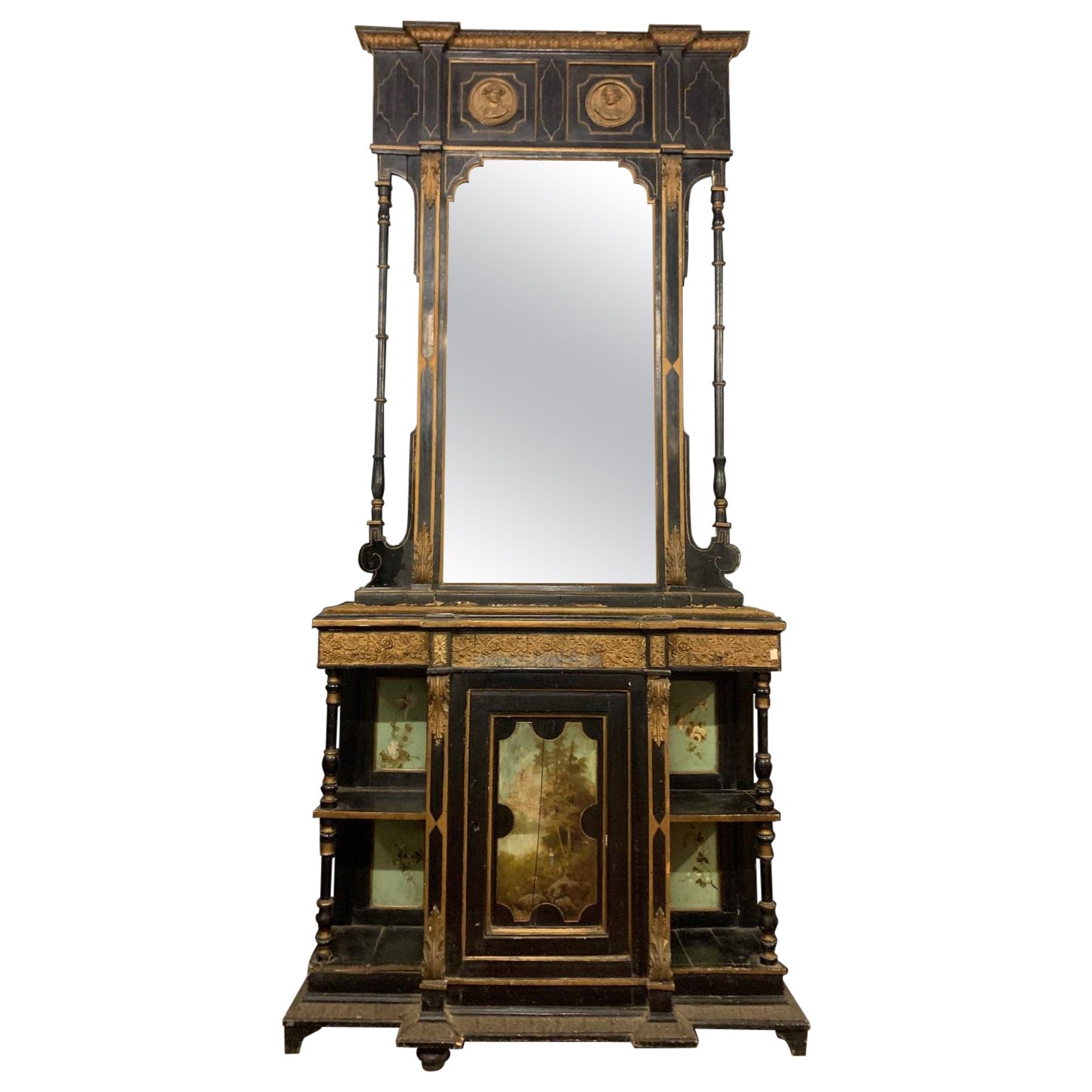 Meuble important avec miroir, laqué noir avec décorations dorées, Italie en vente