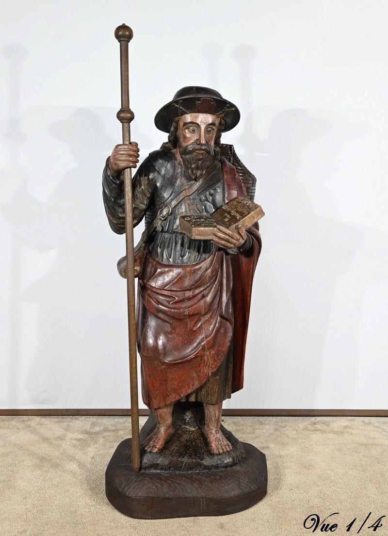 Fino al XVIII secolo Importante scultura di San Giacomo in legno di quercia policromato - XVIII secolo in vendita