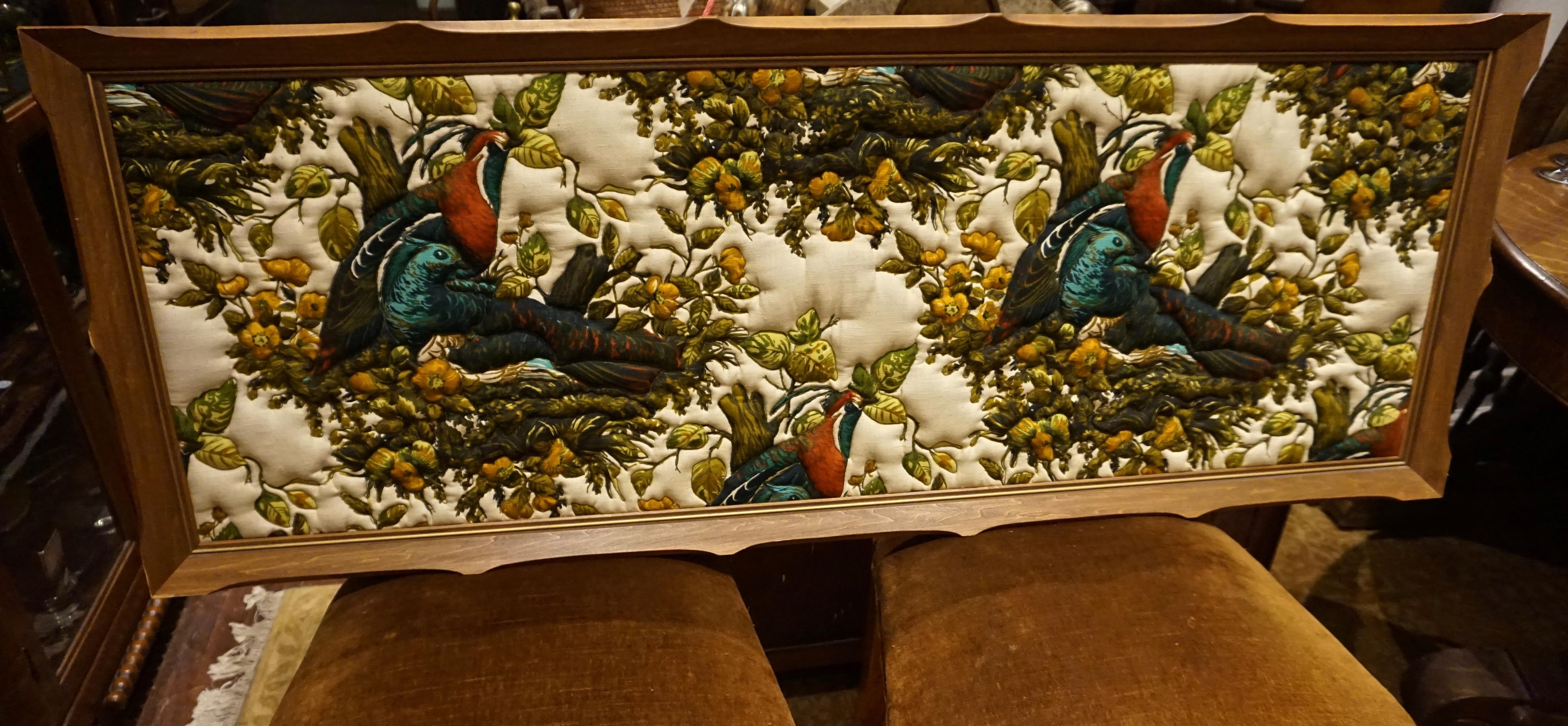 Unique and large frame hand quilted pheasants that stand out in vivid hues. Imported artwork and sold by the heritage Woodwards Store in Canada. Excellent for use in study or bedroom,

circa 1935-1945.