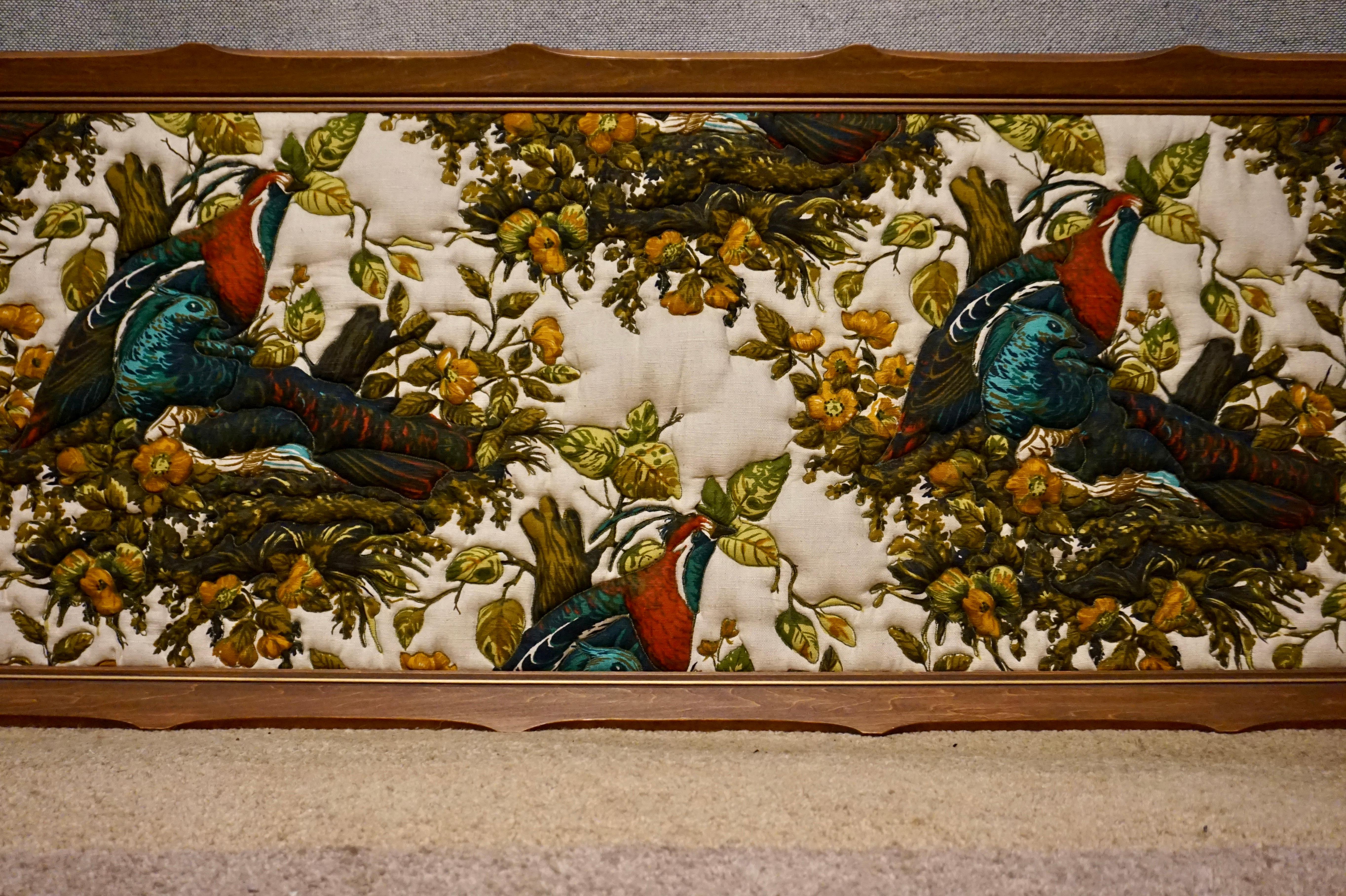 English Imported Art Deco Quilted Pheasants on Canvas in Walnut Frame For Sale