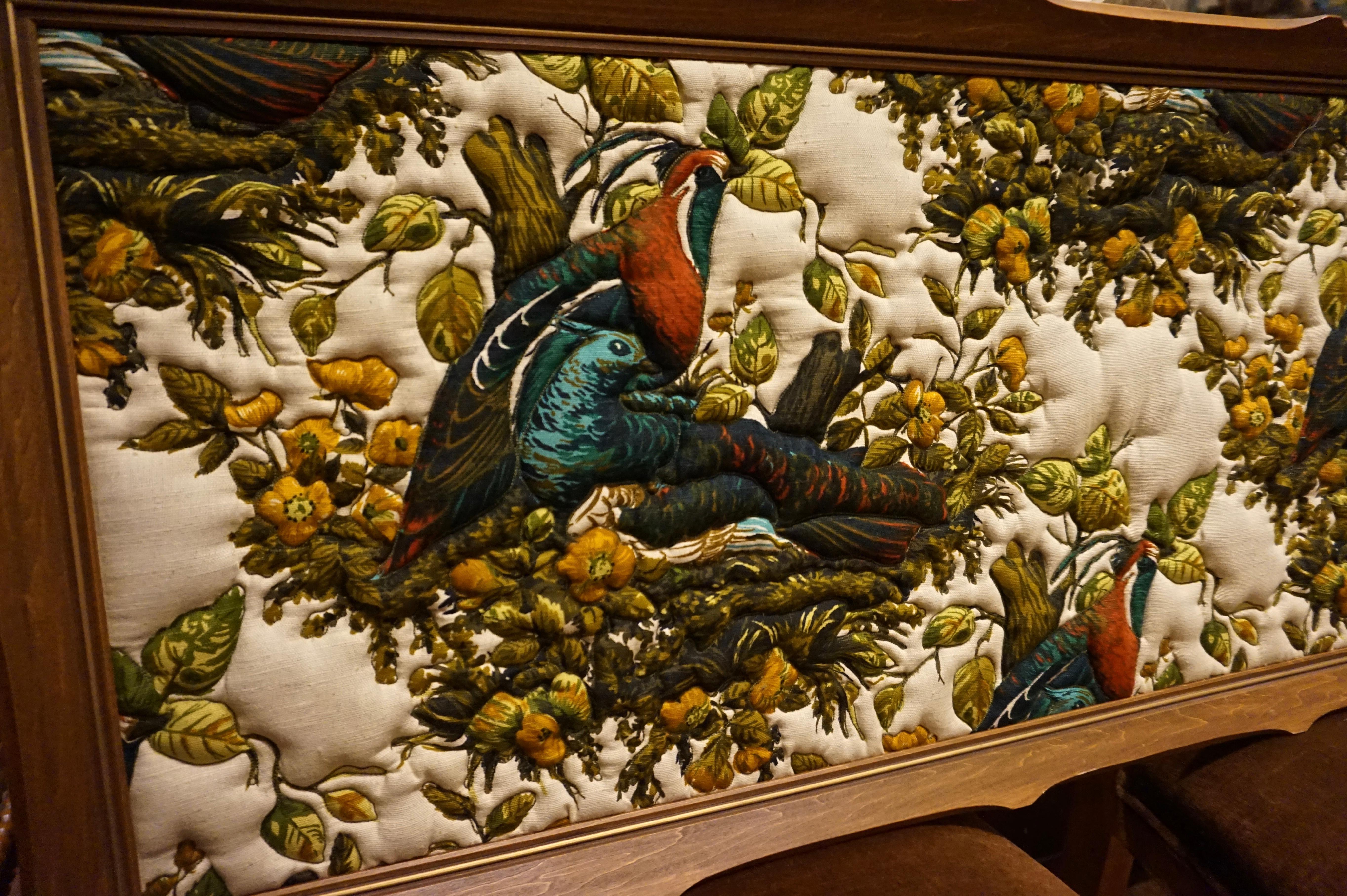 Imported Art Deco Quilted Pheasants on Canvas in Walnut Frame In Good Condition For Sale In Vancouver, British Columbia