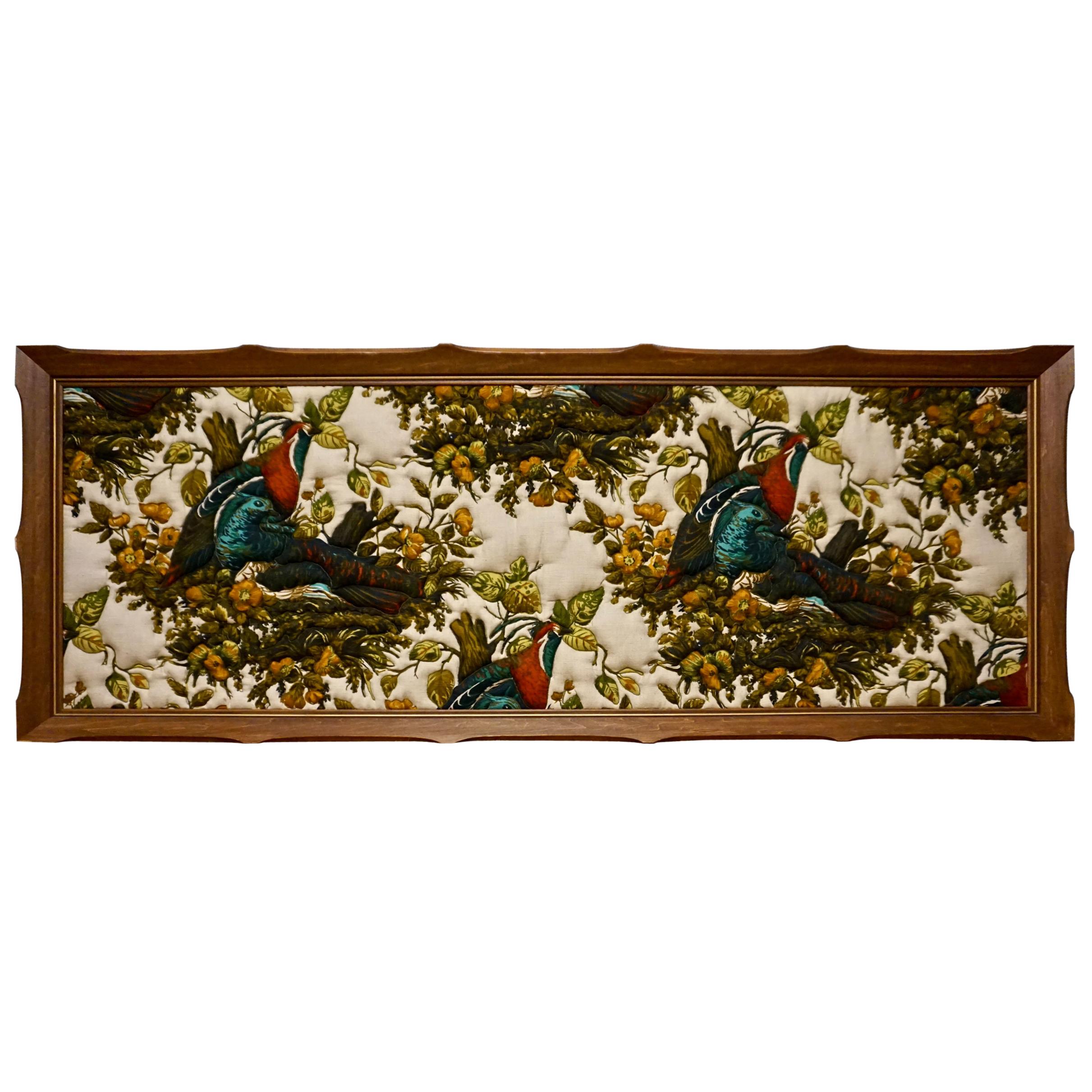 Imported Art Deco Quilted Pheasants on Canvas in Walnut Frame For Sale
