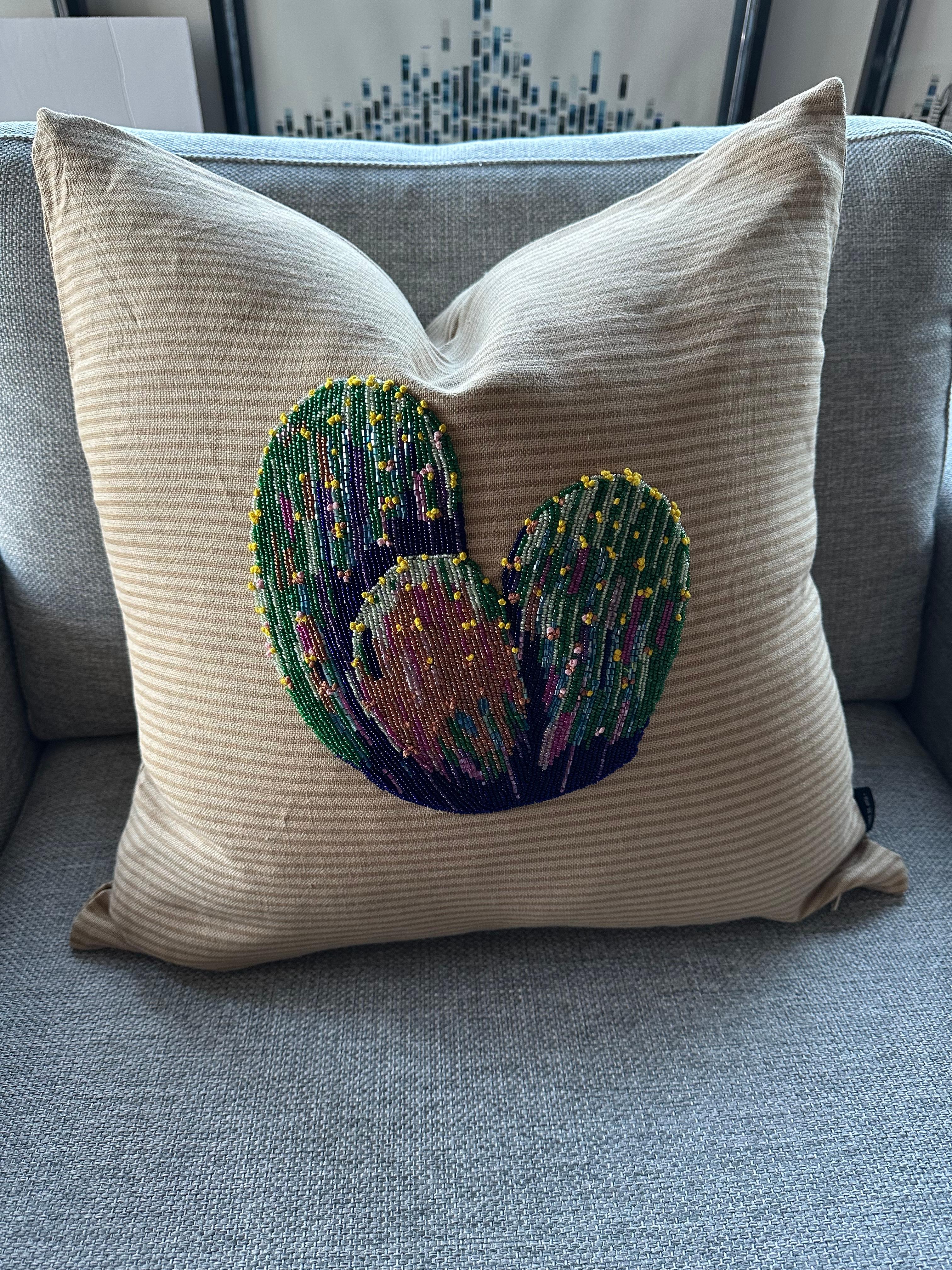 Appliqué Imported Linen with hand embroidered applique - CACTUS by Mar de Doce For Sale