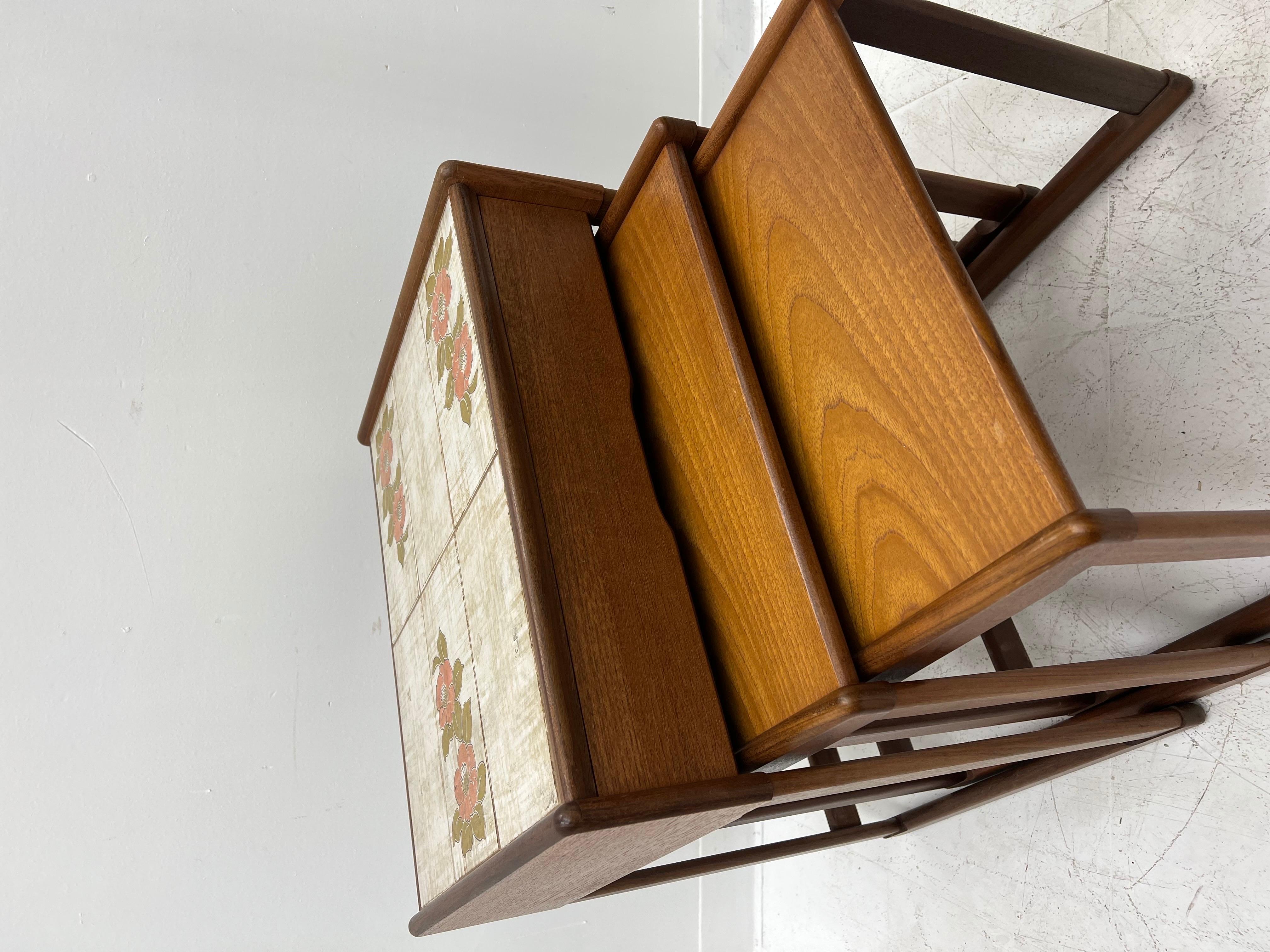 Imported Solid Teak Danish Modern Tile Top Nesting Table For Sale 6